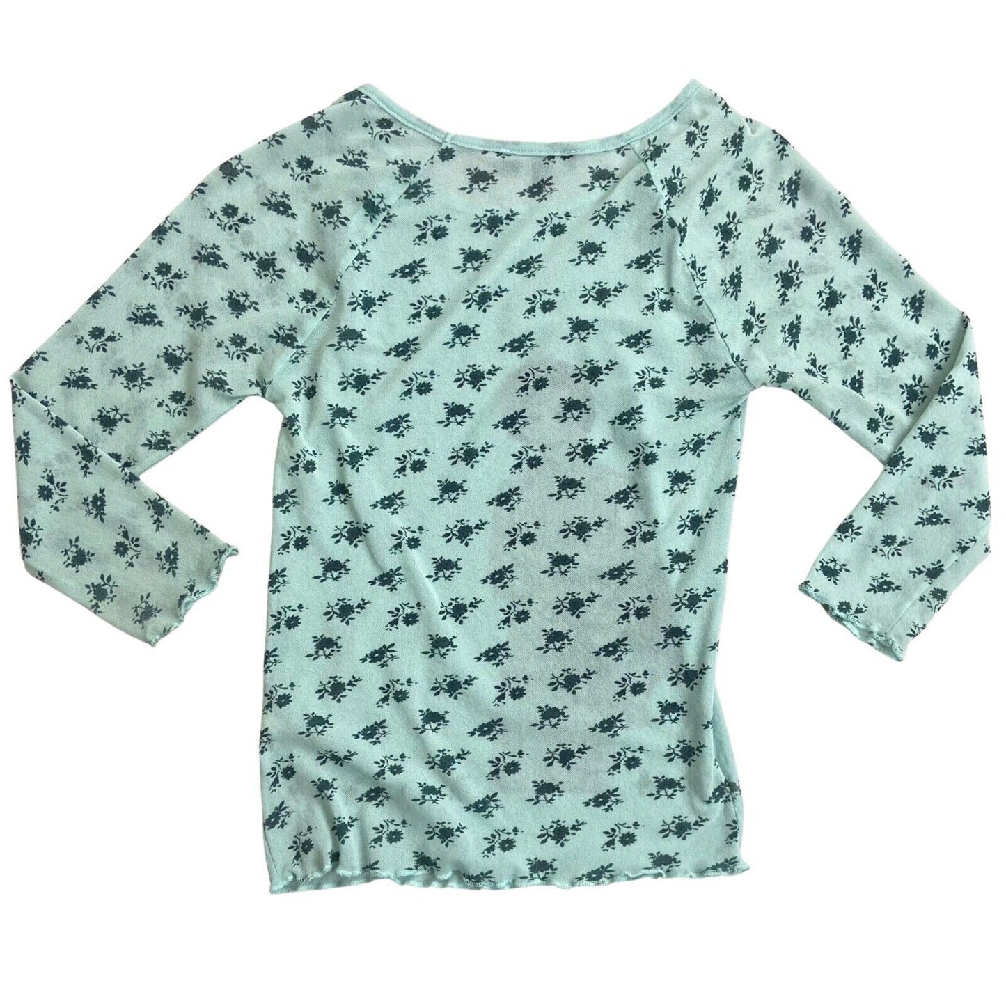 Vintage Y2K Blue Turquoise Floral Mesh Sheer Graphic Print Top 8 10 S