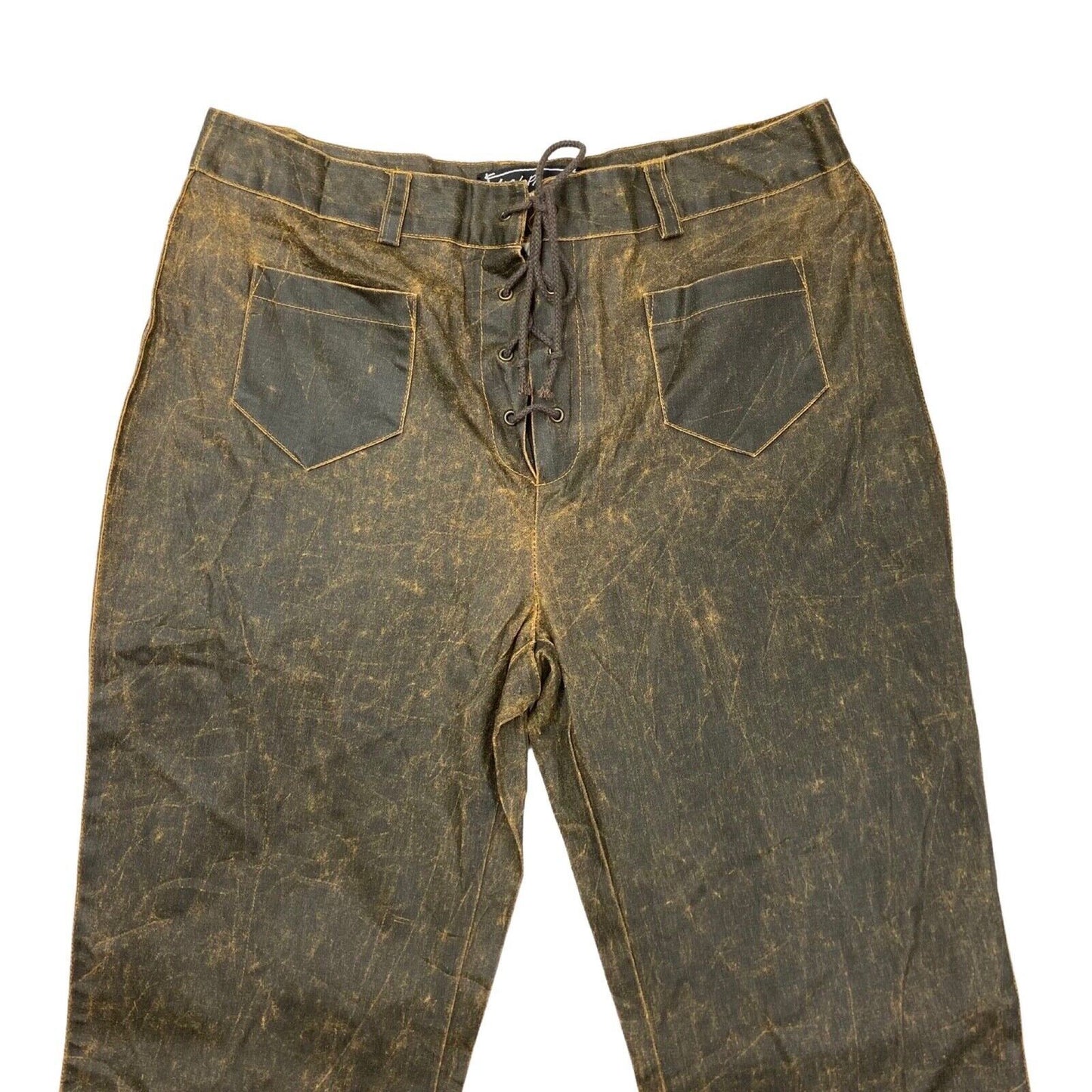 Vintage Y2K Brown Distressed Leather Look Flared Lace Up Trousers 8 10 S