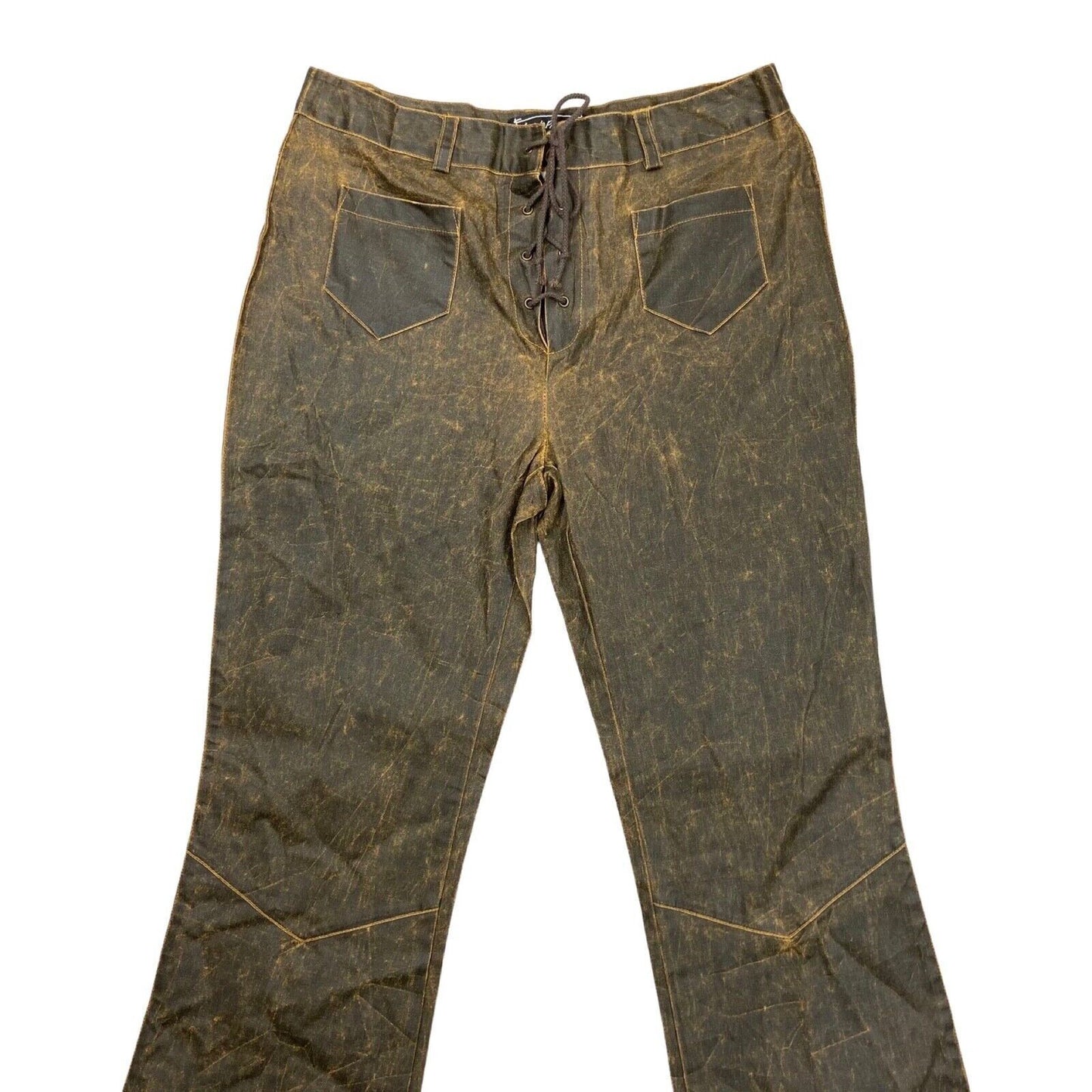 Vintage Y2K Brown Distressed Leather Look Flared Lace Up Trousers 8 10 S