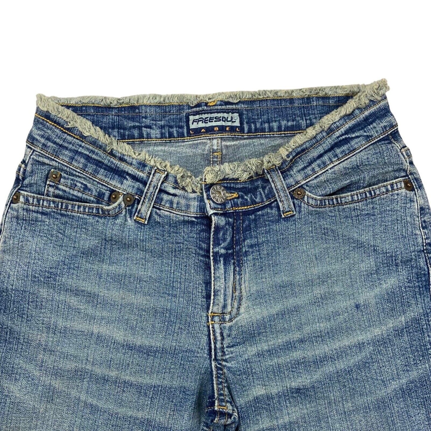 Vintage Y2K Blue Denim Frayed Split Flare Mid Rise Jeans 8 10 S
