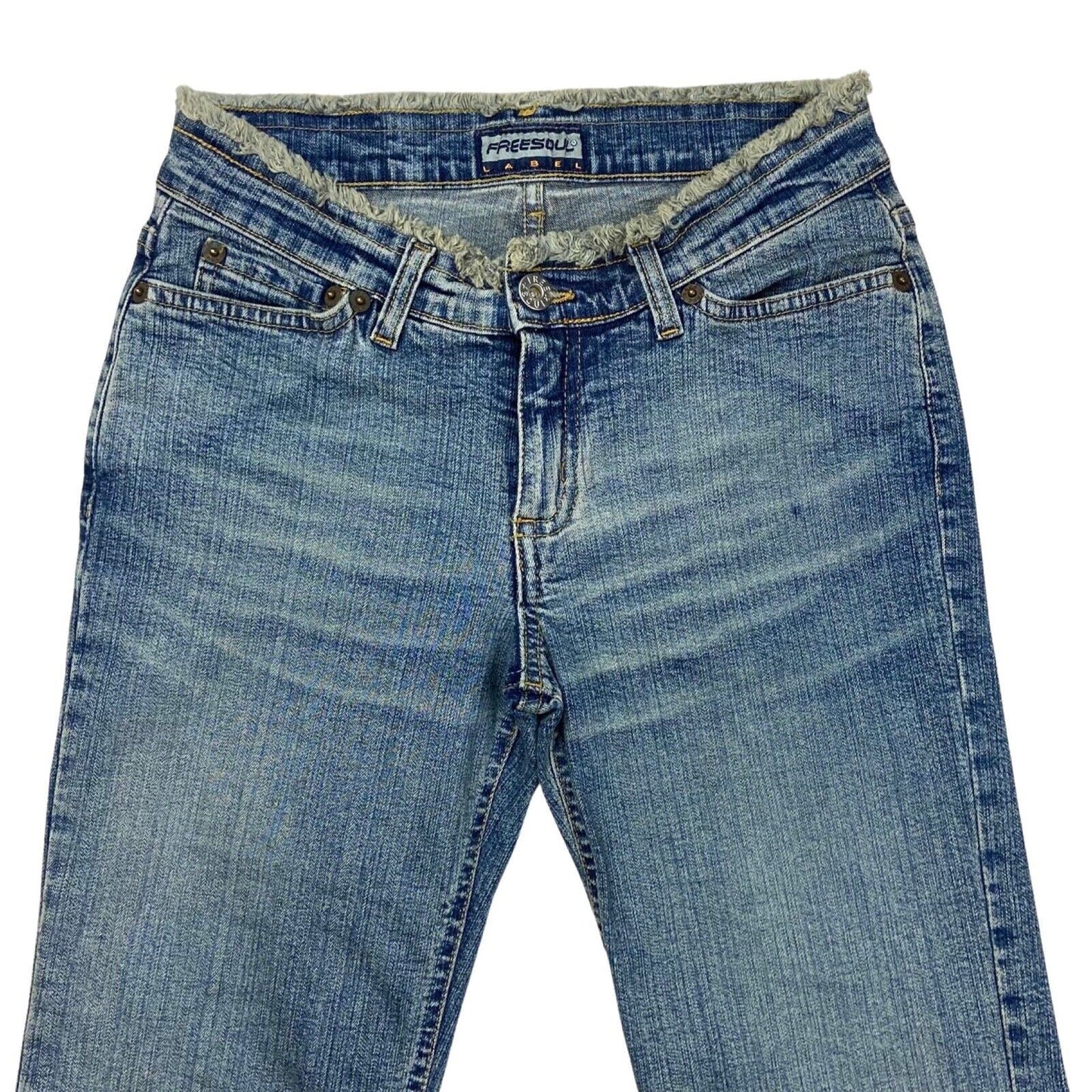 Vintage Y2K Blue Denim Frayed Split Flare Mid Rise Jeans 8 10 S
