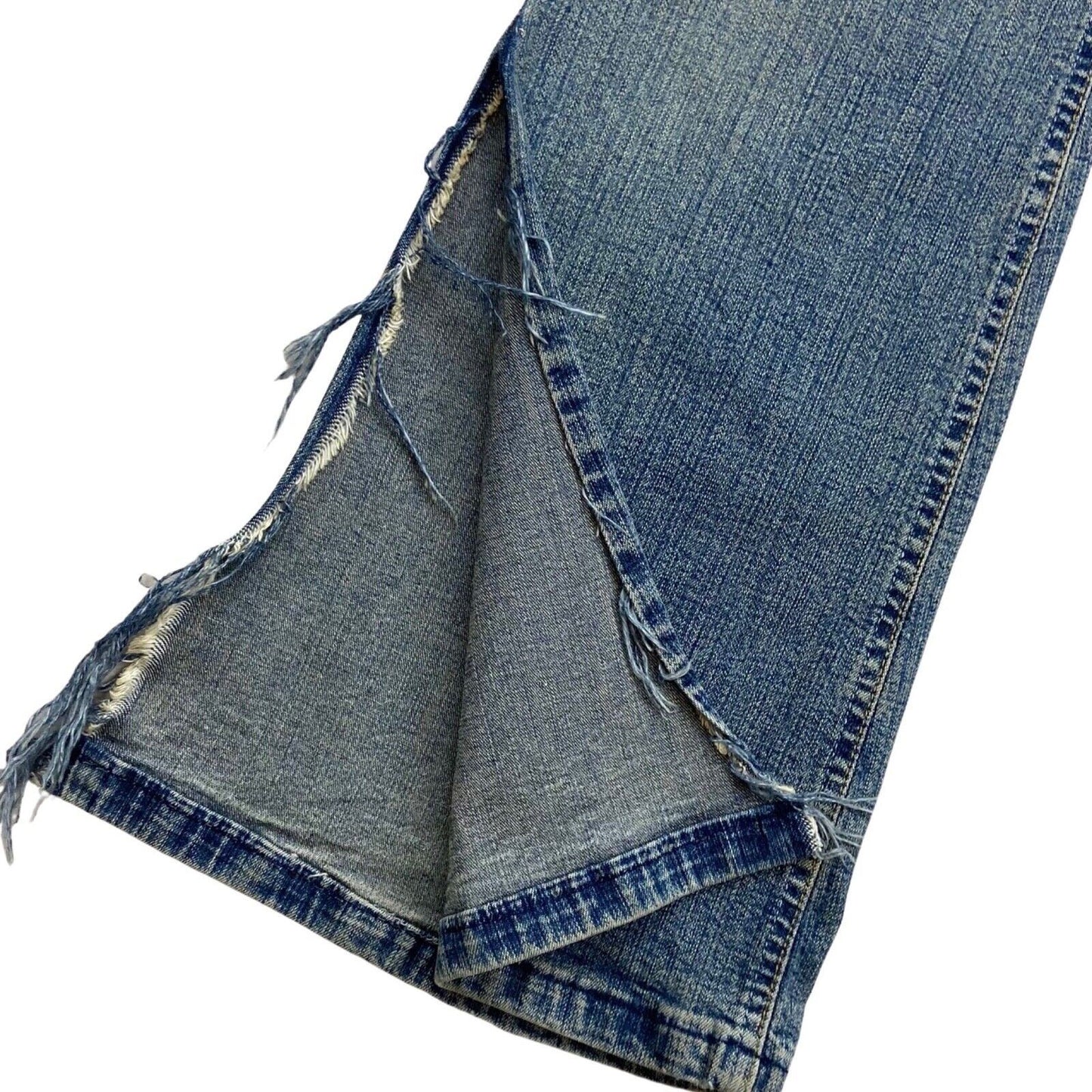Vintage Y2K Blue Denim Frayed Split Flare Mid Rise Jeans 8 10 S