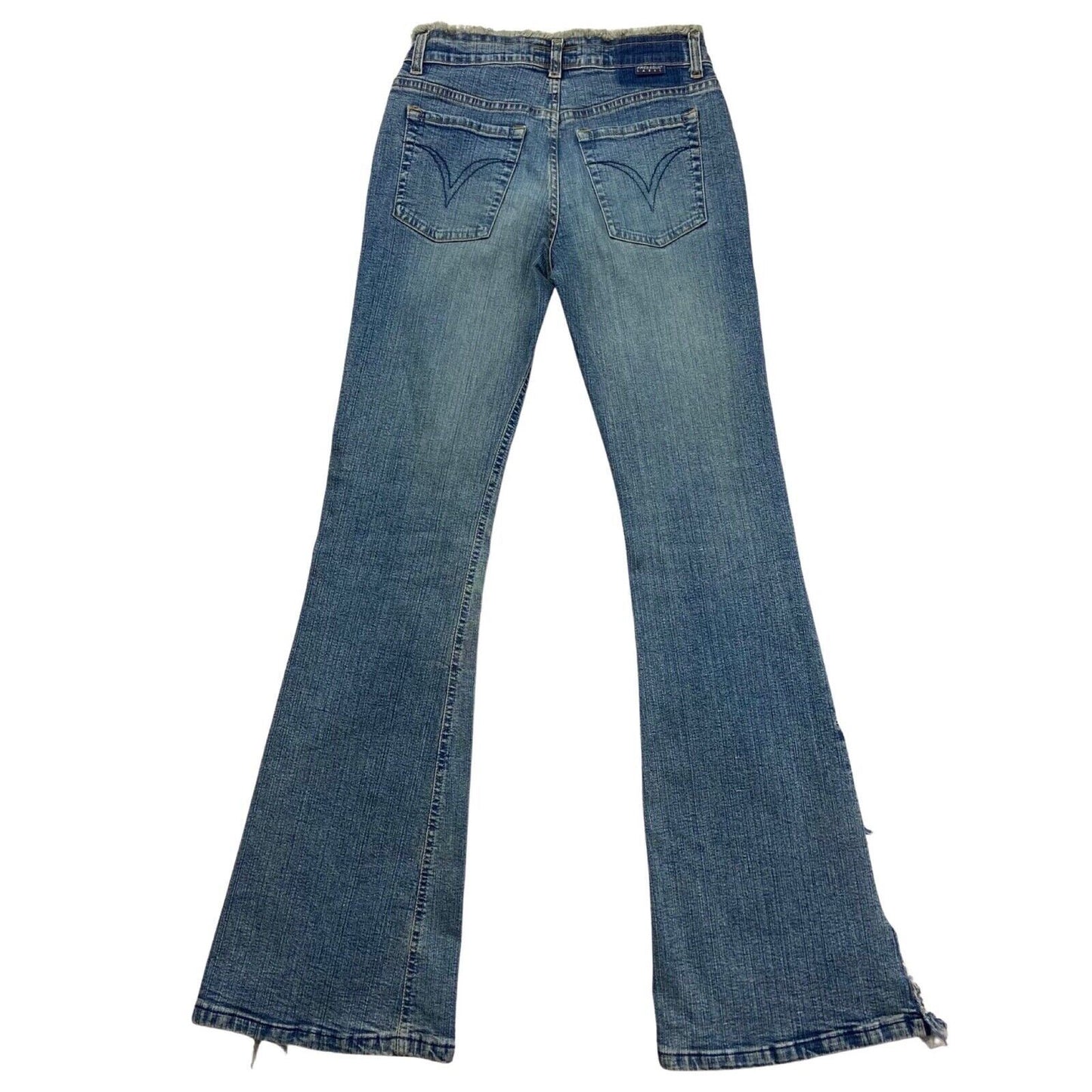 Vintage Y2K Blue Denim Frayed Split Flare Mid Rise Jeans 8 10 S