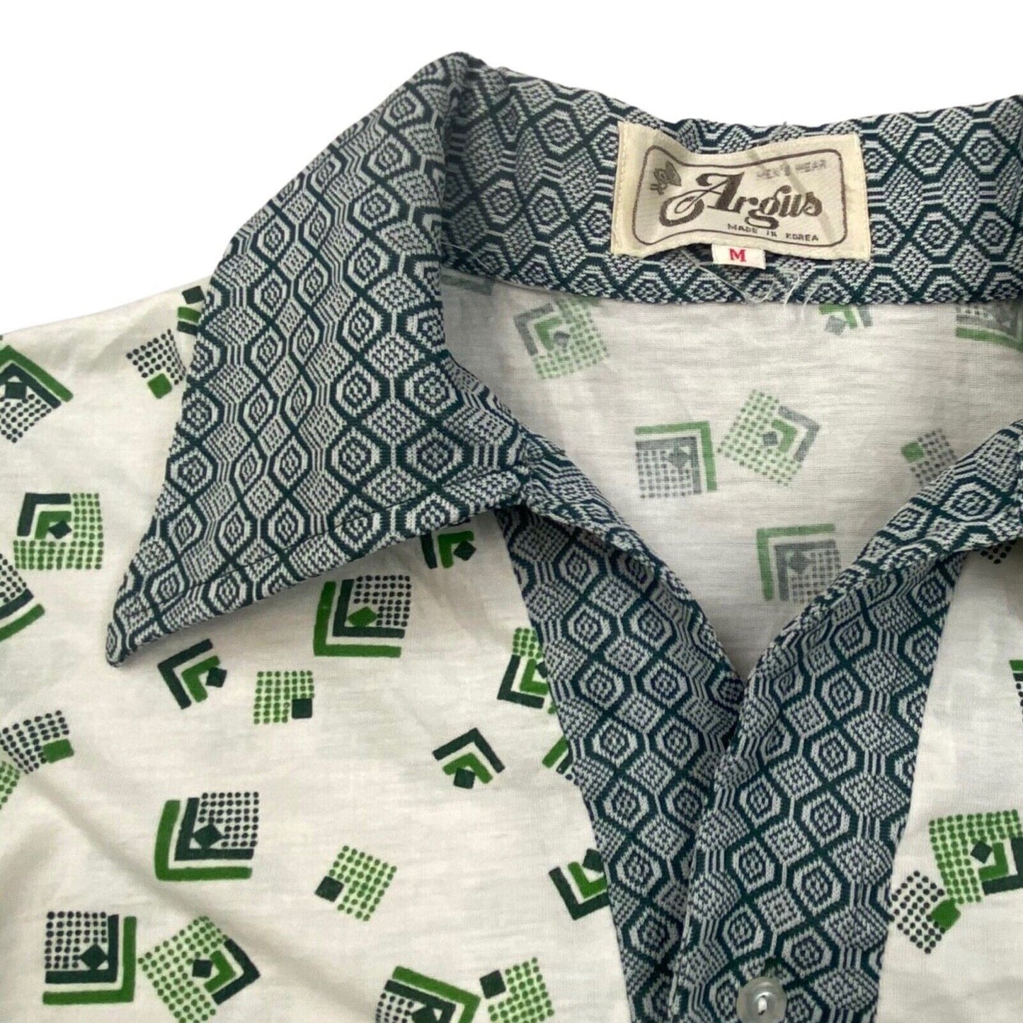 VTG 1970S BIG COLLAR MENS POLY SMOCK SHIRT GEOMETRIC PSYCHEDELIC PRINT 37” (34)