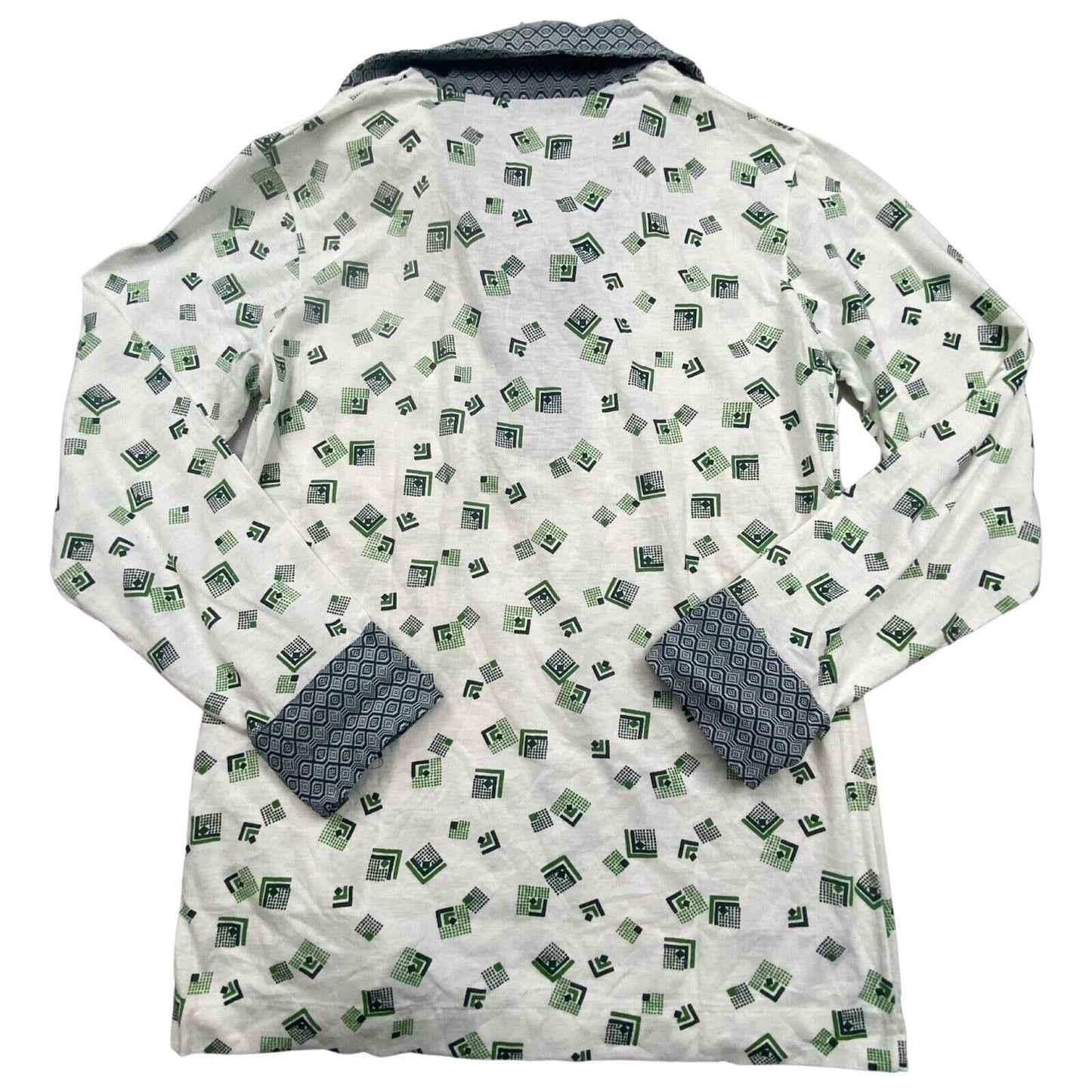 VTG 1970S BIG COLLAR MENS POLY SMOCK SHIRT GEOMETRIC PSYCHEDELIC PRINT 37” (34)