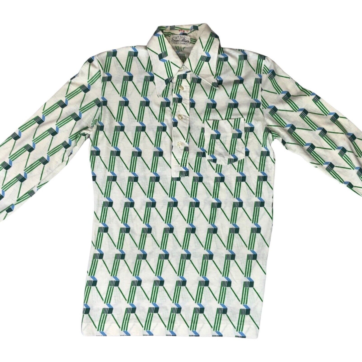 VTG 1970S BIG COLLAR MENS POLY SMOCK SHIRT GEOMETRIC PSYCHEDELIC PRINT 38” (36)