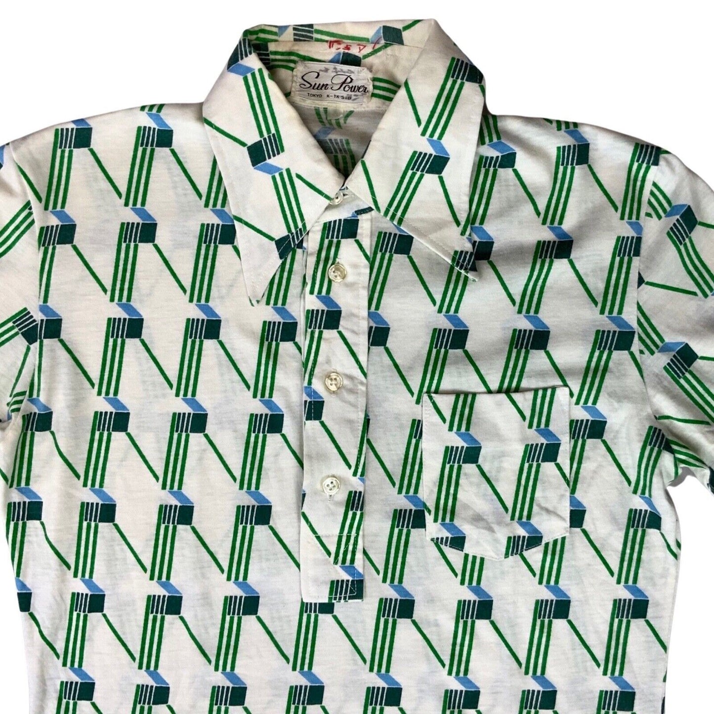 VTG 1970S BIG COLLAR MENS POLY SMOCK SHIRT GEOMETRIC PSYCHEDELIC PRINT 38” (36)