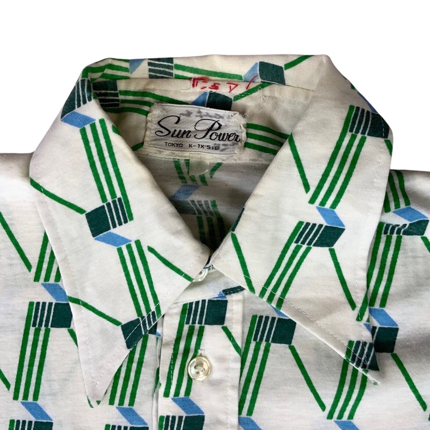 VTG 1970S BIG COLLAR MENS POLY SMOCK SHIRT GEOMETRIC PSYCHEDELIC PRINT 38” (36)