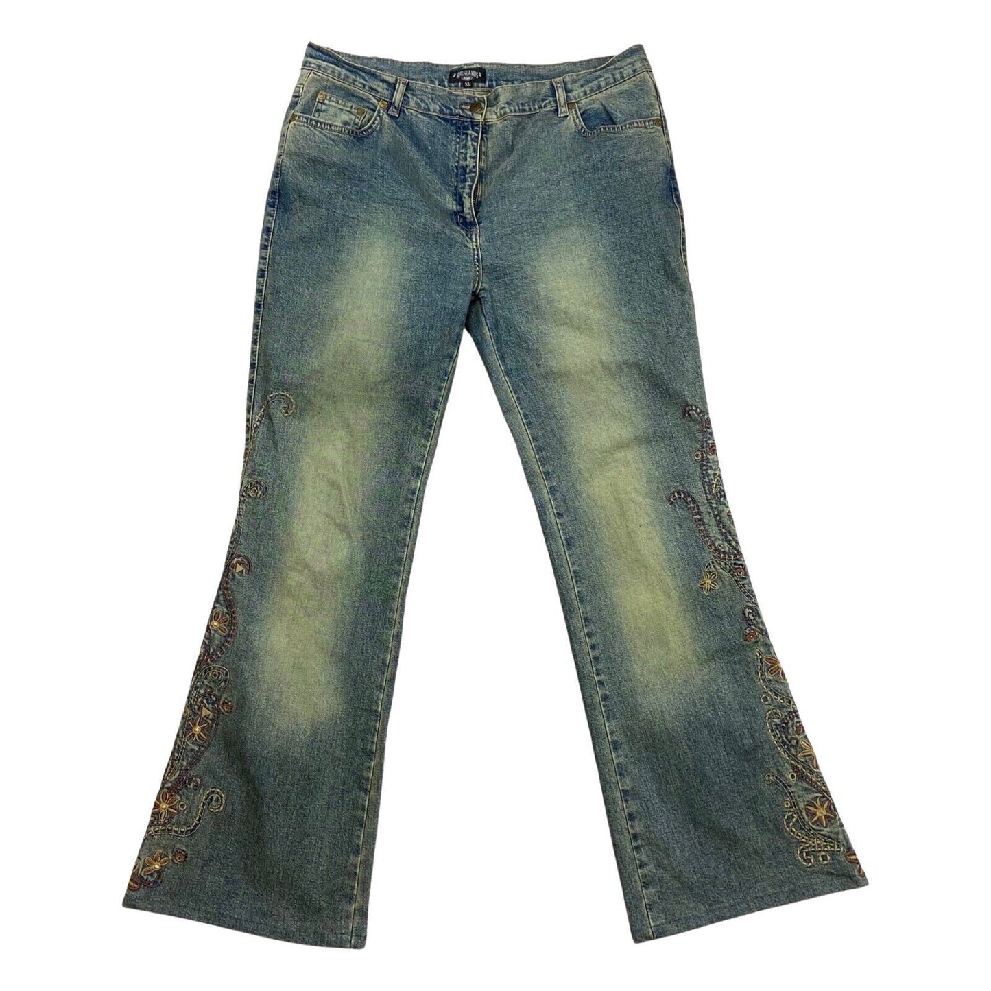 Vintage 90s 00s Y2K Blue Pink Floral Embroidered Denim Flares Jeans 35" 14 16