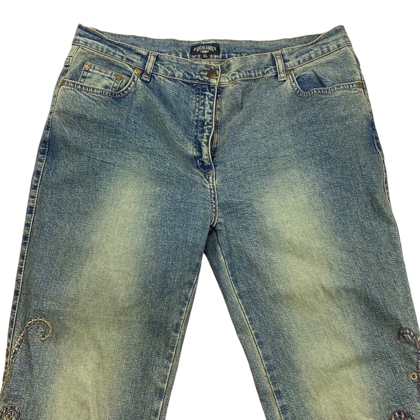 Vintage 90s 00s Y2K Blue Pink Floral Embroidered Denim Flares Jeans 35" 14 16