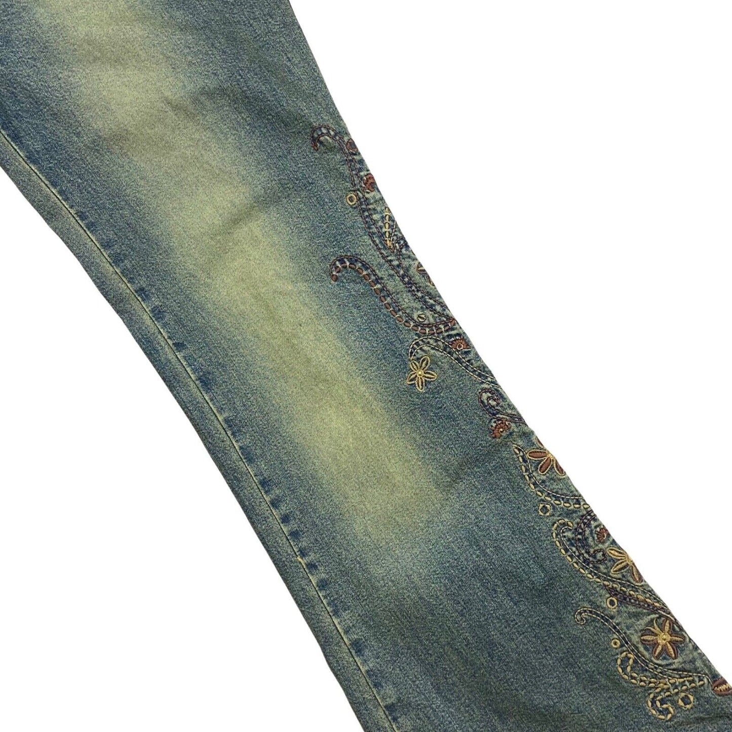 Vintage 90s 00s Y2K Blue Pink Floral Embroidered Denim Flares Jeans 35" 14 16
