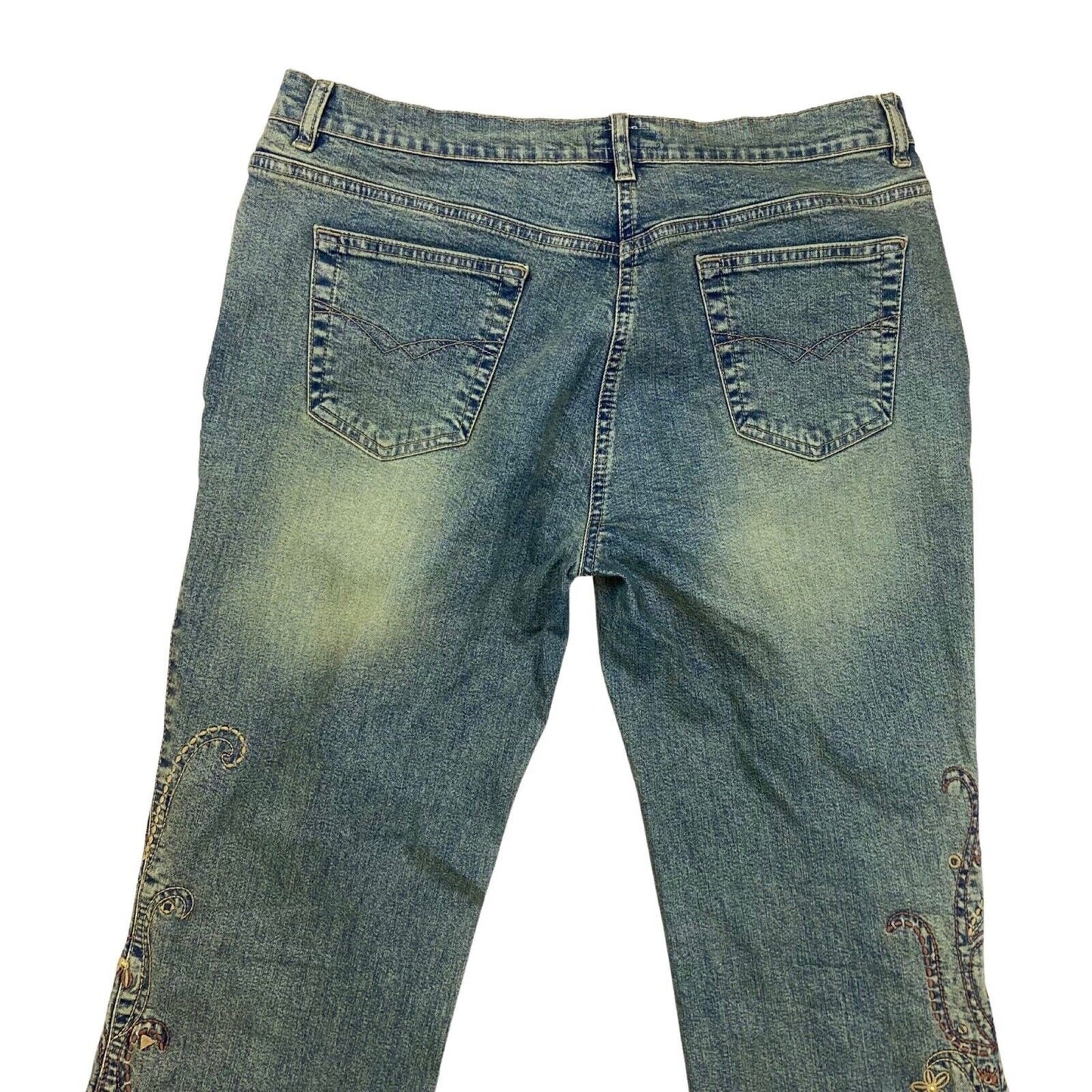 Vintage 90s 00s Y2K Blue Pink Floral Embroidered Denim Flares Jeans 35" 14 16