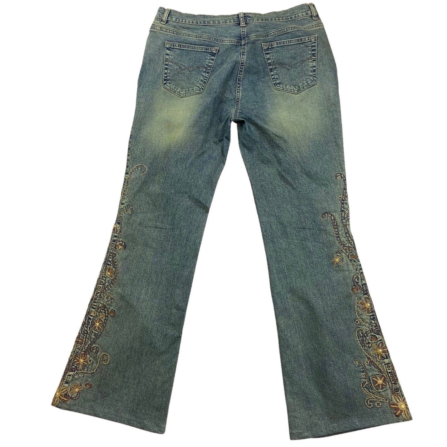 Vintage 90s 00s Y2K Blue Pink Floral Embroidered Denim Flares Jeans 35" 14 16