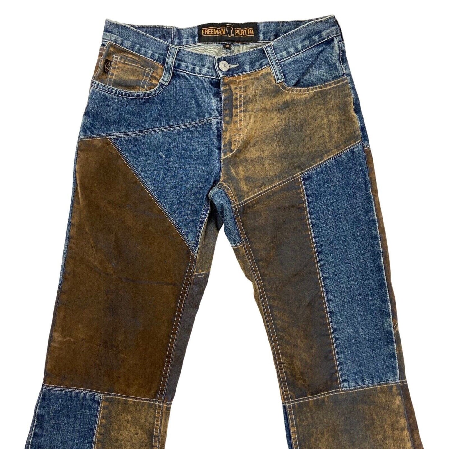 Vintage 90s 00s Y2K Blue Brown Patchwork Flared Denim Jeans 29" 8 10