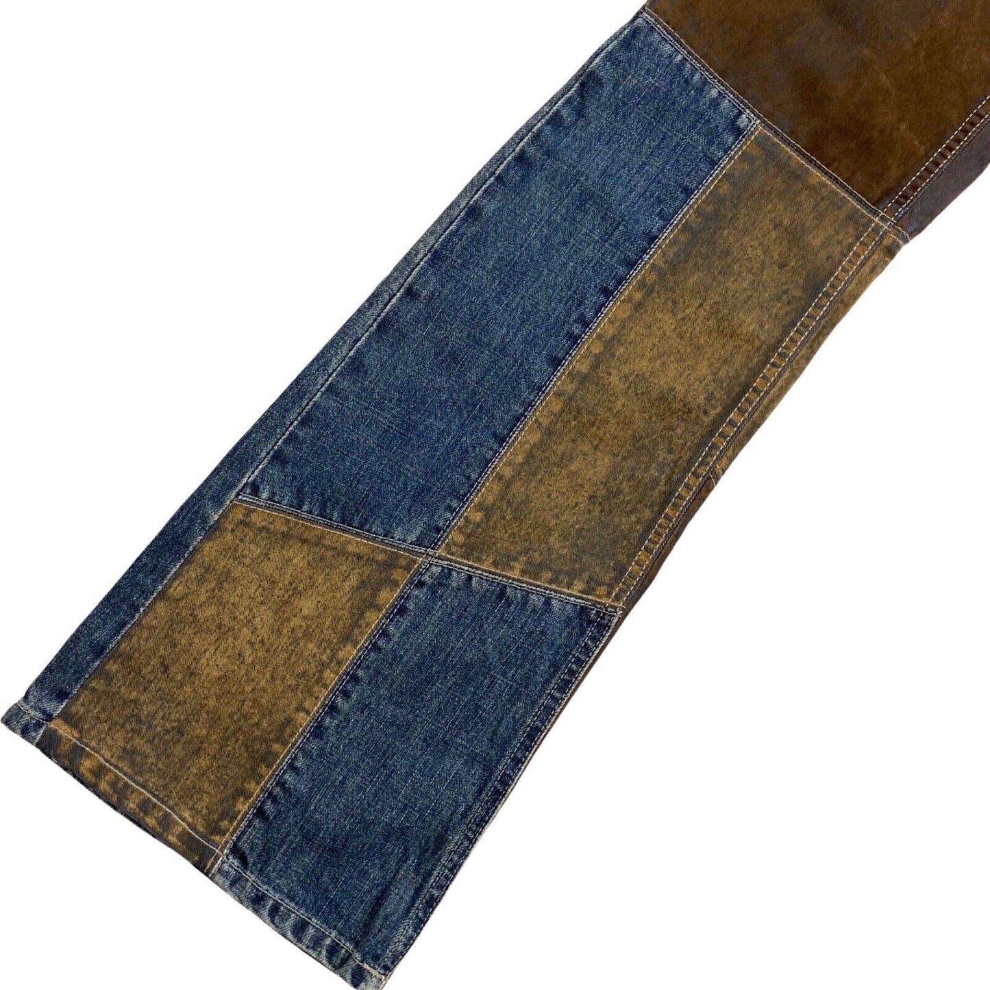 Vintage 90s 00s Y2K Blue Brown Patchwork Flared Denim Jeans 29" 8 10