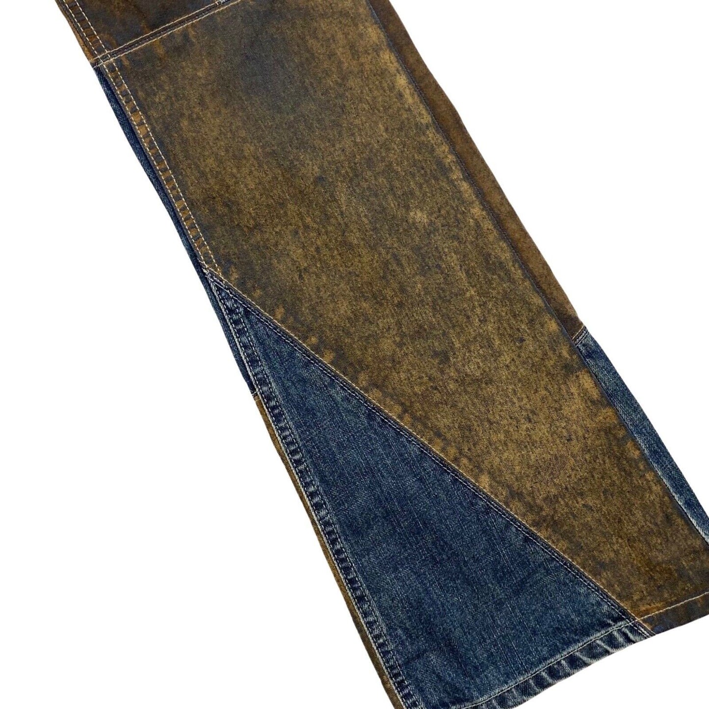 Vintage 90s 00s Y2K Blue Brown Patchwork Flared Denim Jeans 29" 8 10