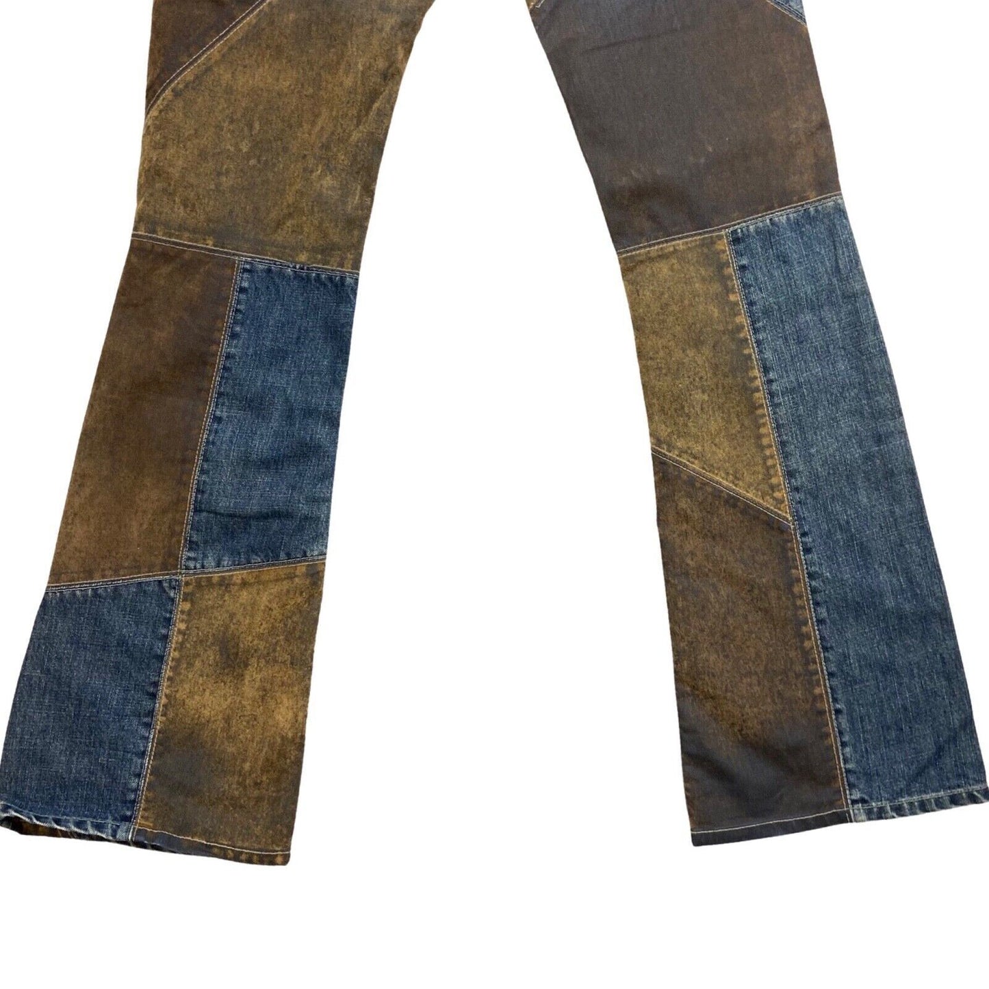 Vintage 90s 00s Y2K Blue Brown Patchwork Flared Denim Jeans 29" 8 10