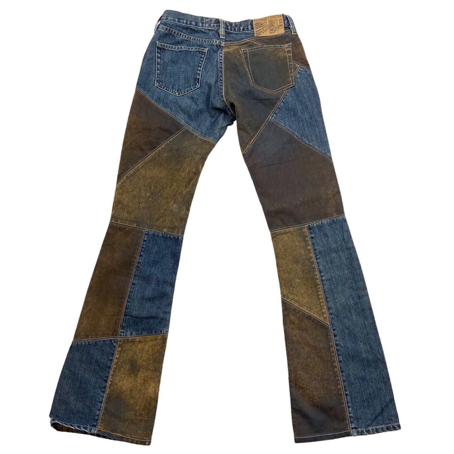 Vintage 90s 00s Y2K Blue Brown Patchwork Flared Denim Jeans 29" 8 10