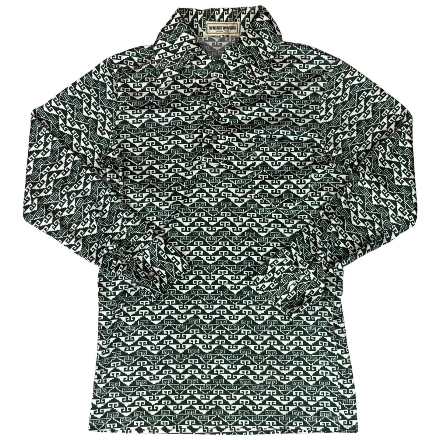 VTG 70s BIG COLLAR MENS POLY SMOCK SHIRT GEOMETRIC PSYCHEDELIC PRINT 37” (35) S