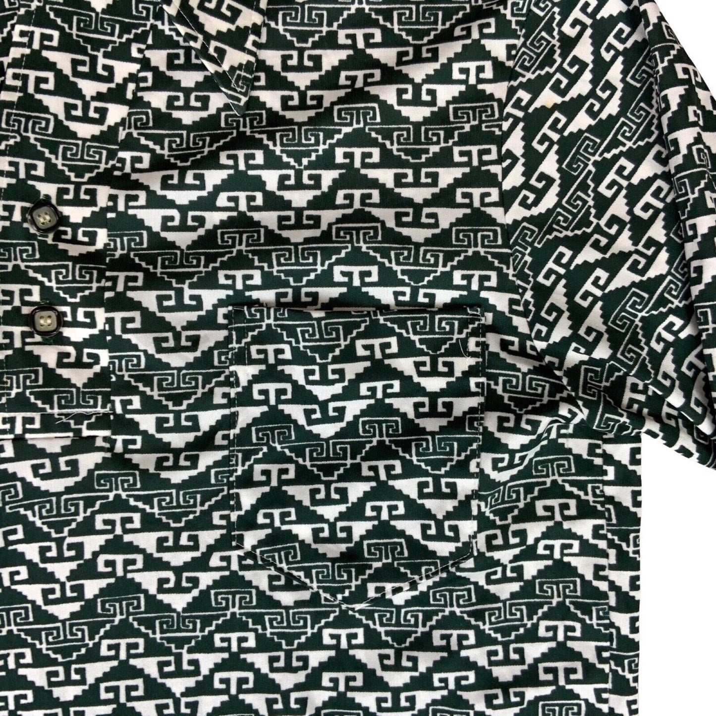VTG 70s BIG COLLAR MENS POLY SMOCK SHIRT GEOMETRIC PSYCHEDELIC PRINT 37” (35) S