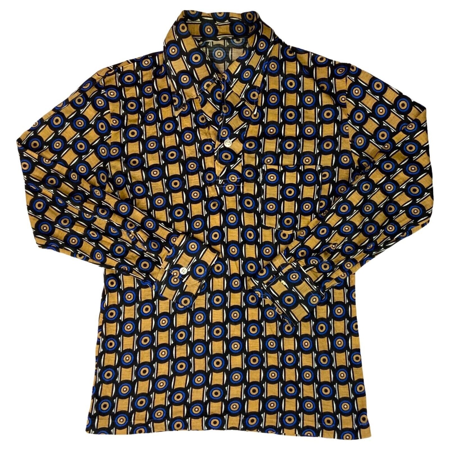 VTG 70s BIG COLLAR MENS POLY SMOCK SHIRT GEOMETRIC PSYCHEDELIC PRINT 36” (34) S