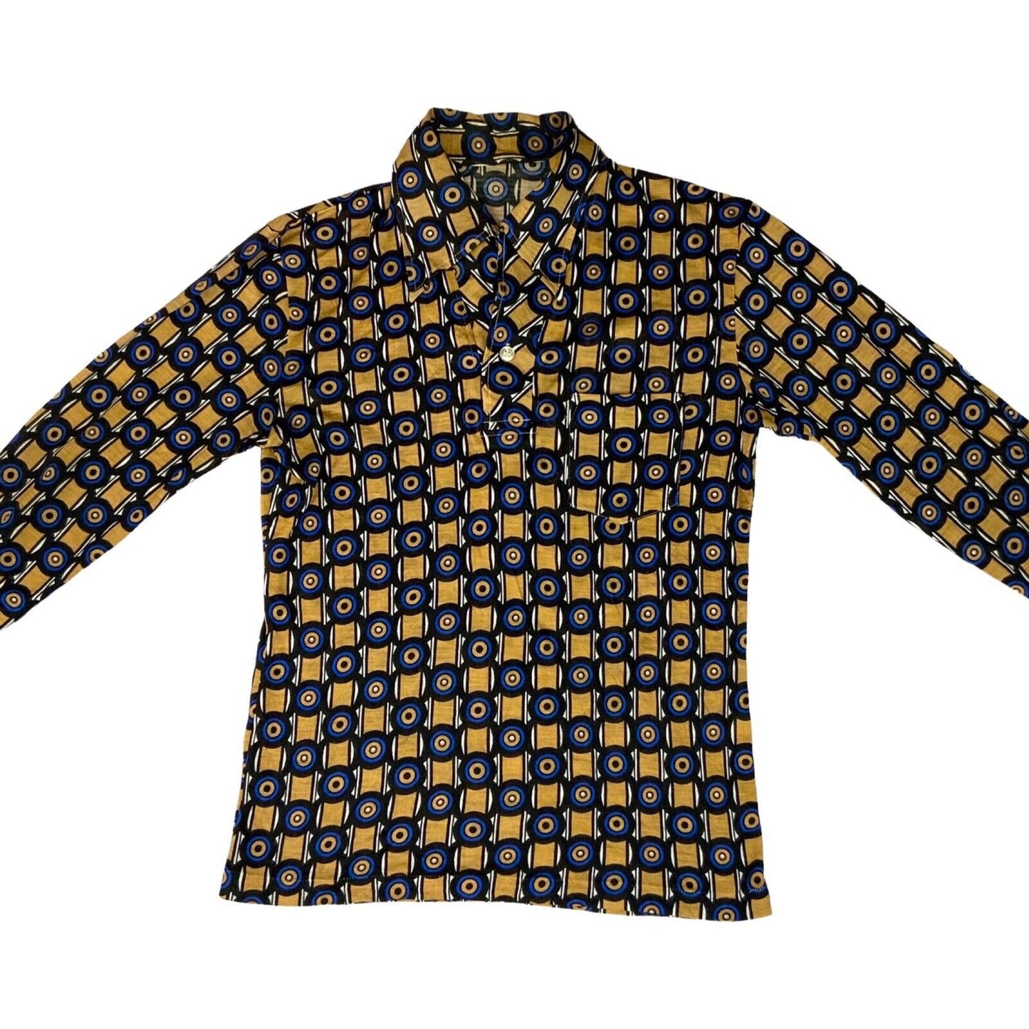 VTG 70s BIG COLLAR MENS POLY SMOCK SHIRT GEOMETRIC PSYCHEDELIC PRINT 36” (34) S