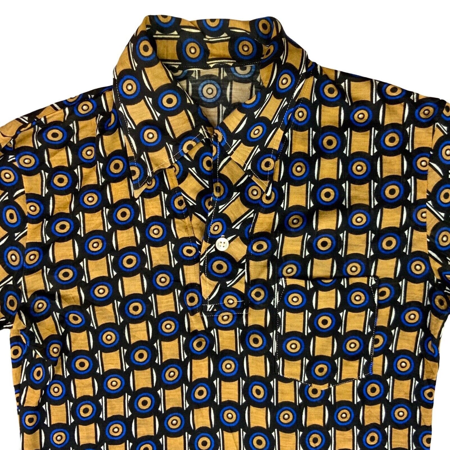 VTG 70s BIG COLLAR MENS POLY SMOCK SHIRT GEOMETRIC PSYCHEDELIC PRINT 36” (34) S