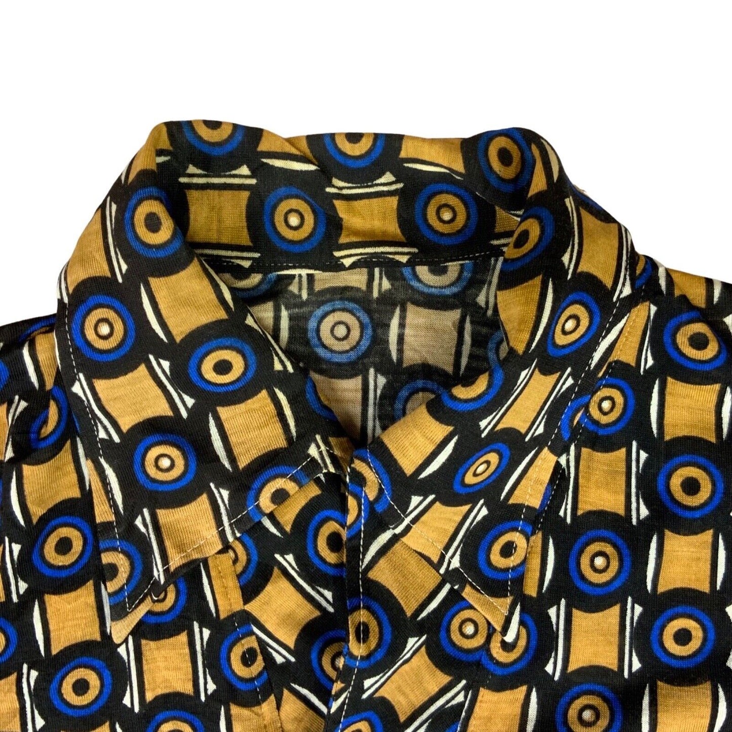 VTG 70s BIG COLLAR MENS POLY SMOCK SHIRT GEOMETRIC PSYCHEDELIC PRINT 36” (34) S
