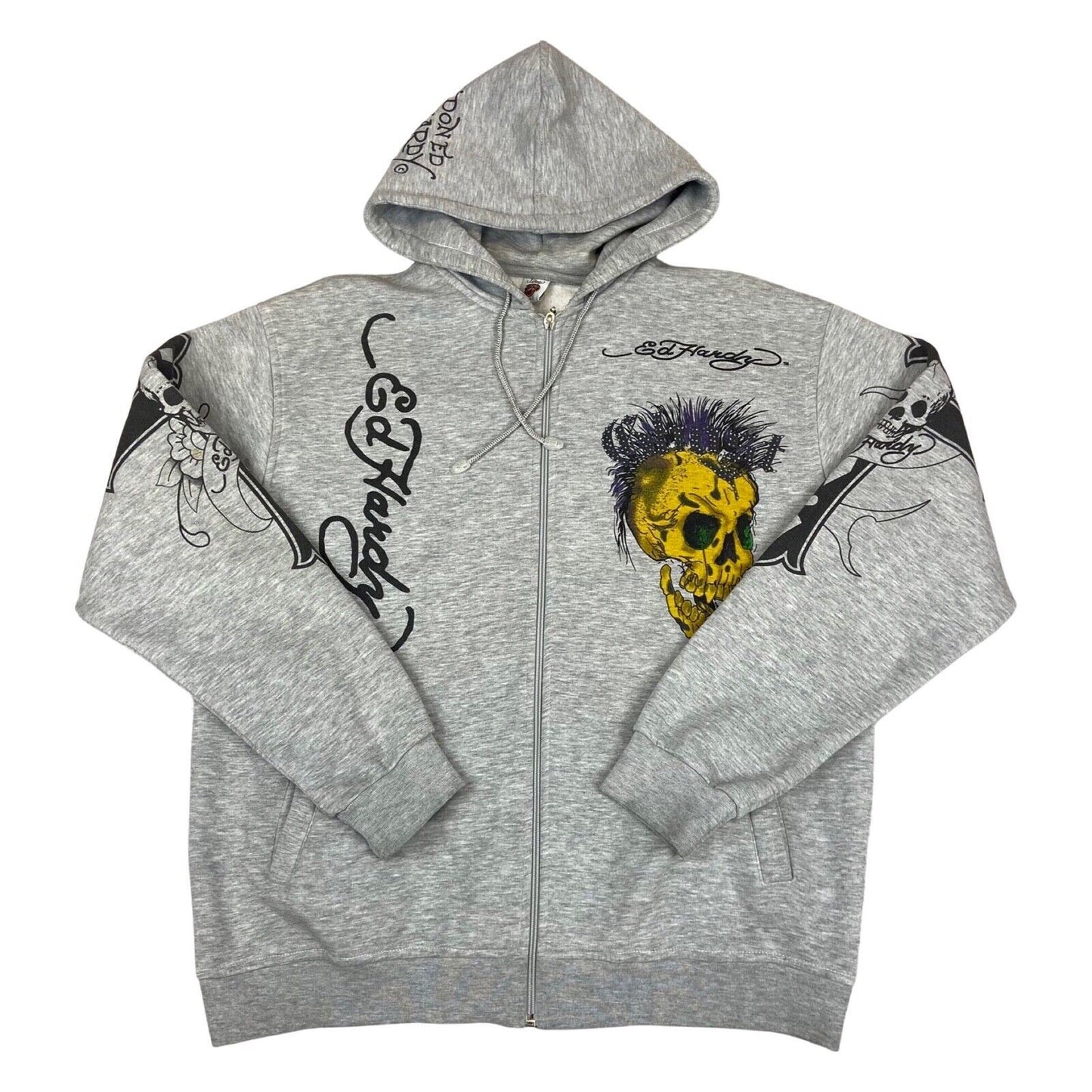 2000s Grey Ed Hardy 'Ghost Skull' All Over Print Diamante Embellished Hoodie XL