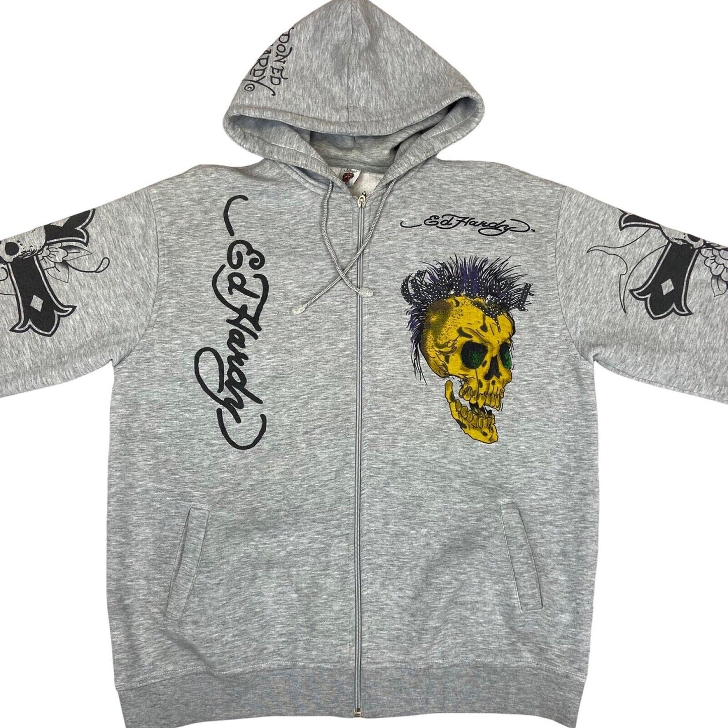 2000s Grey Ed Hardy 'Ghost Skull' All Over Print Diamante Embellished Hoodie XL