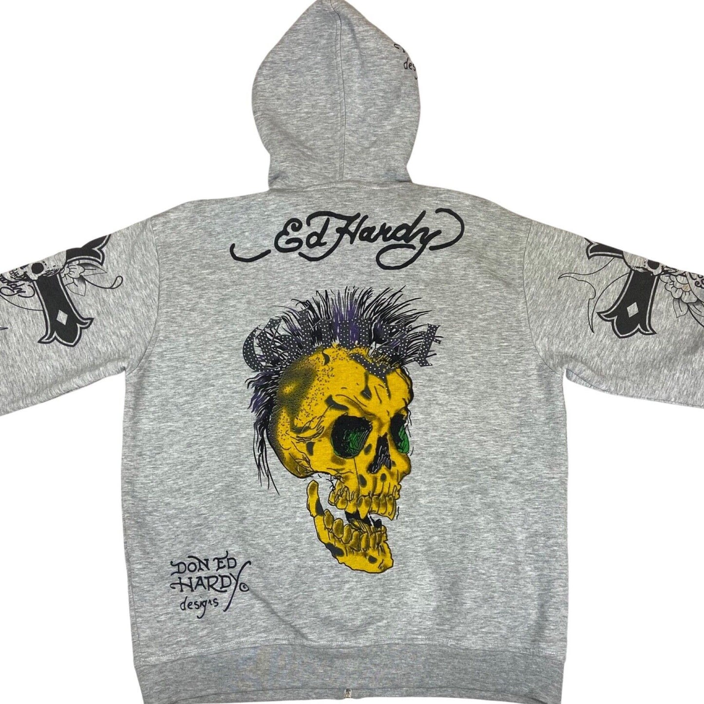 2000s Grey Ed Hardy 'Ghost Skull' All Over Print Diamante Embellished Hoodie XL