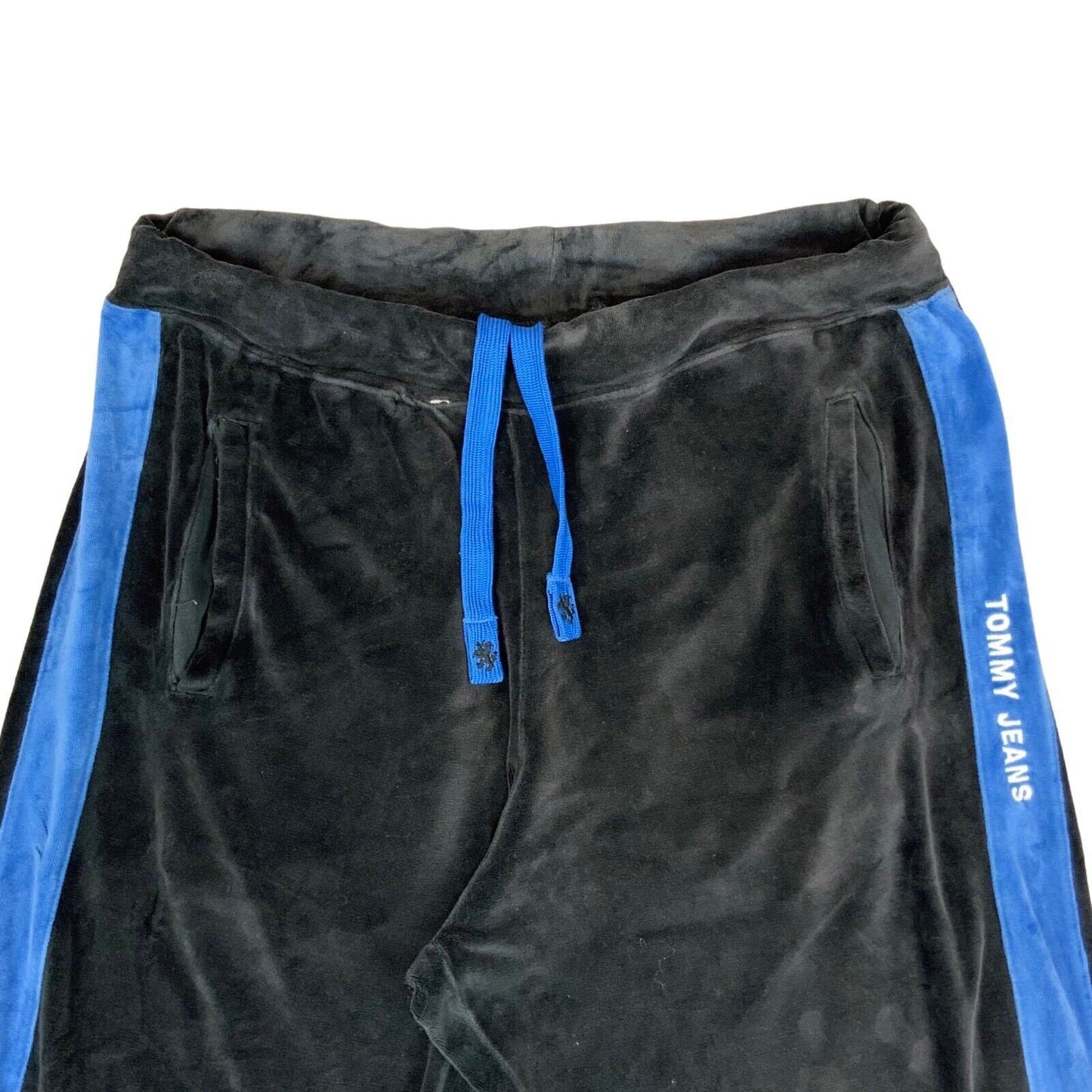 Vintage 00s Y2K Black Blue Tommy Hilfiger Velour Track Pants Joggers Stripped L
