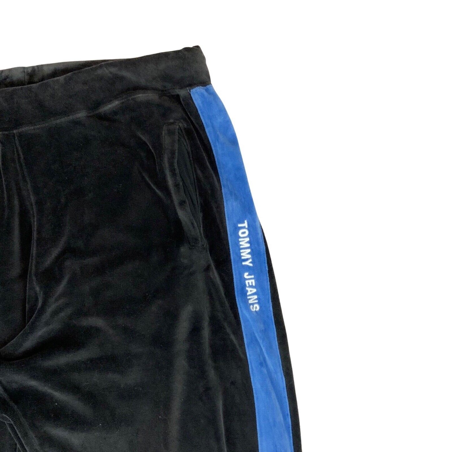 Vintage 00s Y2K Black Blue Tommy Hilfiger Velour Track Pants Joggers Stripped L