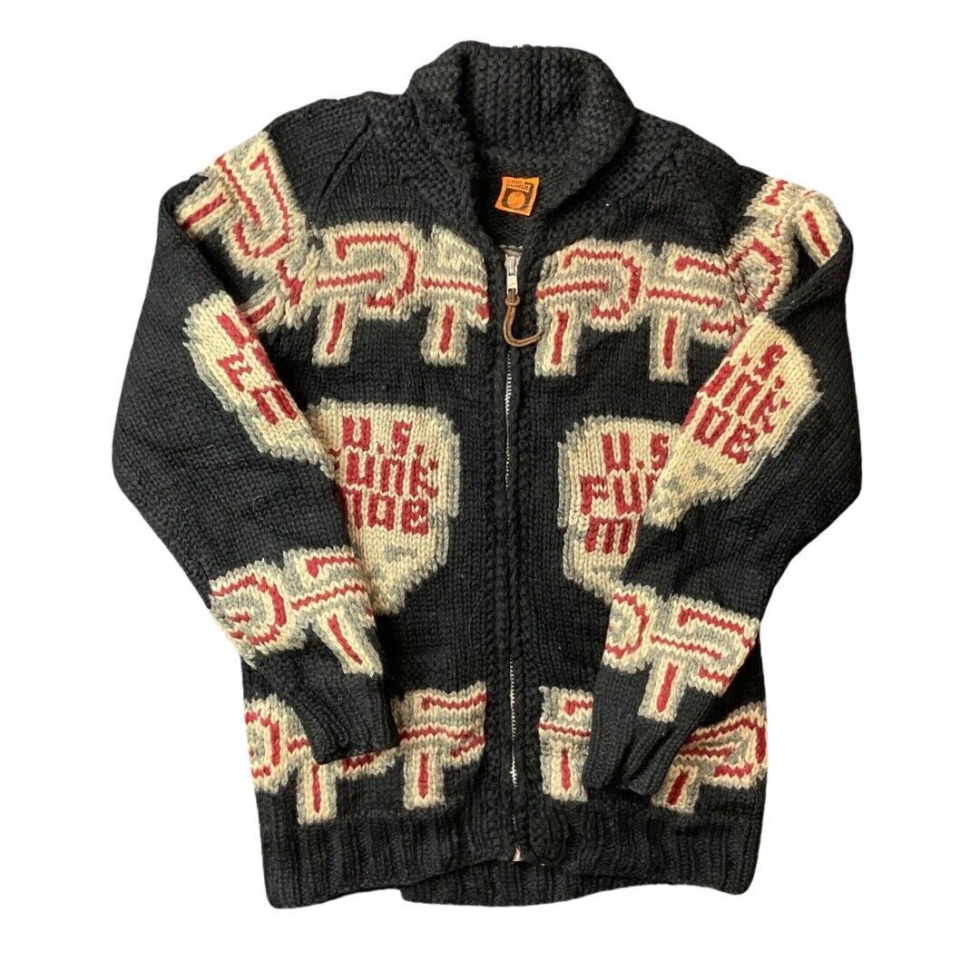 VTG WOOL SKULL CARDIGAN NATIVE AMERICAN CANADIAN KNIT ROCKABILLY 40” (38) M
