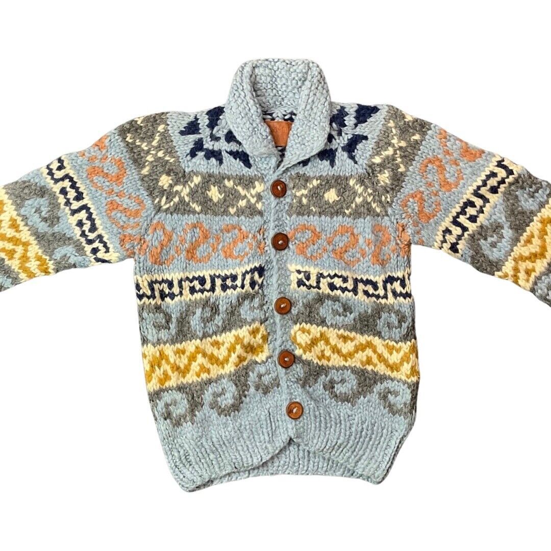 VTG 70s WOOL COWICHAN CARDIGAN NATIVE AMERICAN CANADIAN KNIT ROCKABILLY 38” (34)