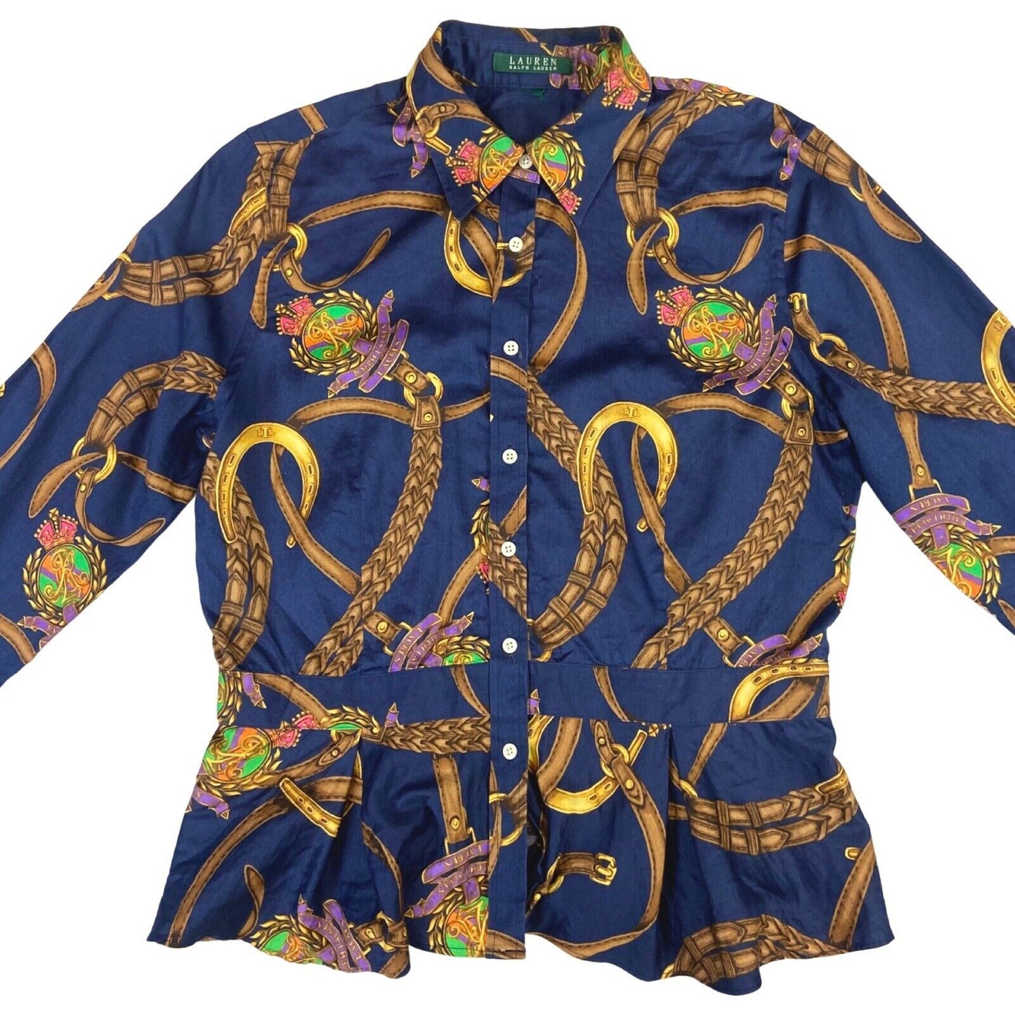 00s Blue Gold Belt Buckle Ralph Lauren Dagger Collar Peplum Blouse 12 14 M