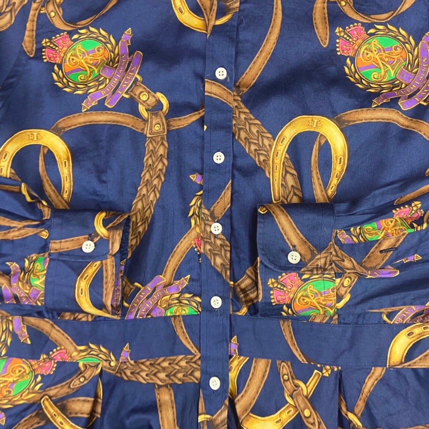 00s Blue Gold Belt Buckle Ralph Lauren Dagger Collar Peplum Blouse 12 14 M