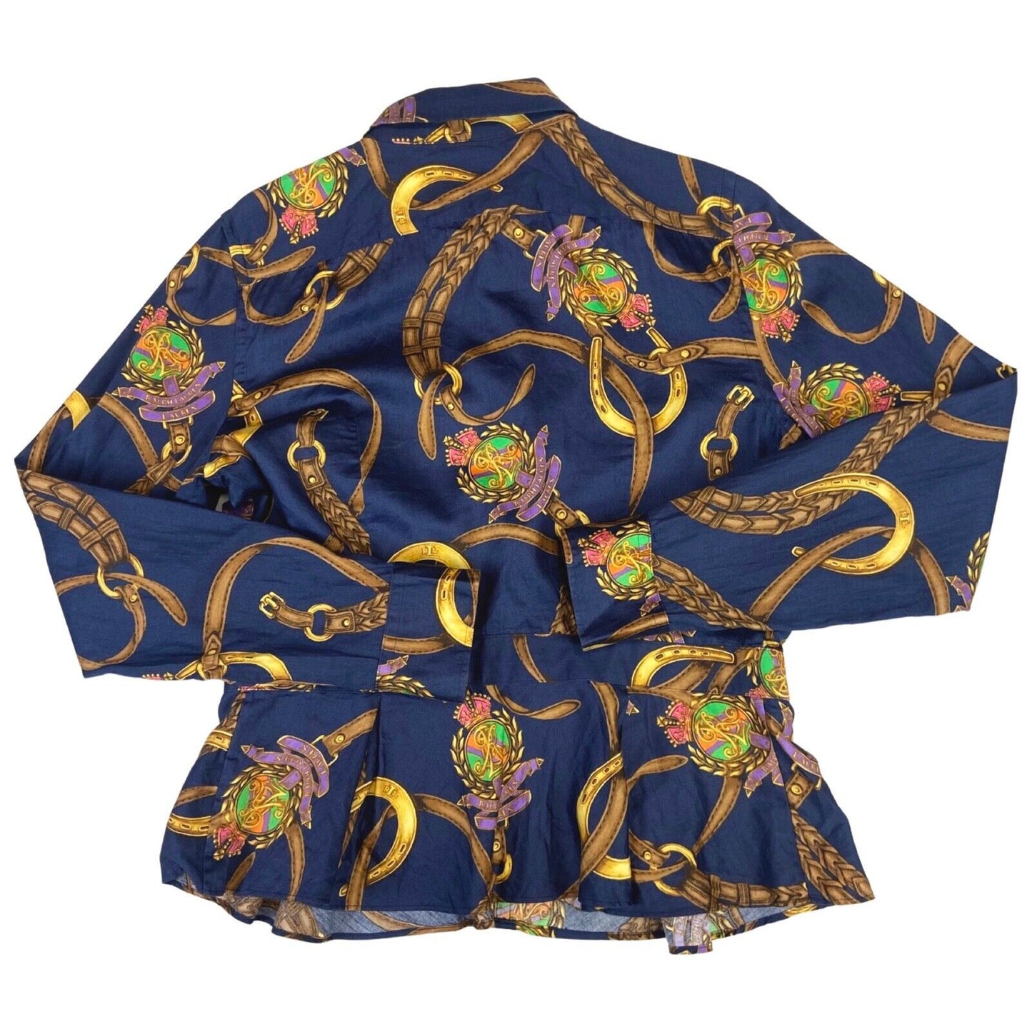 00s Blue Gold Belt Buckle Ralph Lauren Dagger Collar Peplum Blouse 12 14 M