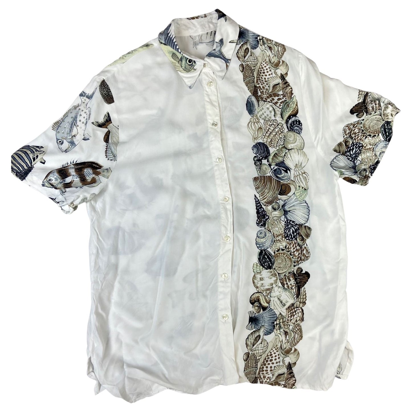 Vintage 80s 90s White Blue Brown Fish Shell Sea Novelty Men's Shirt M