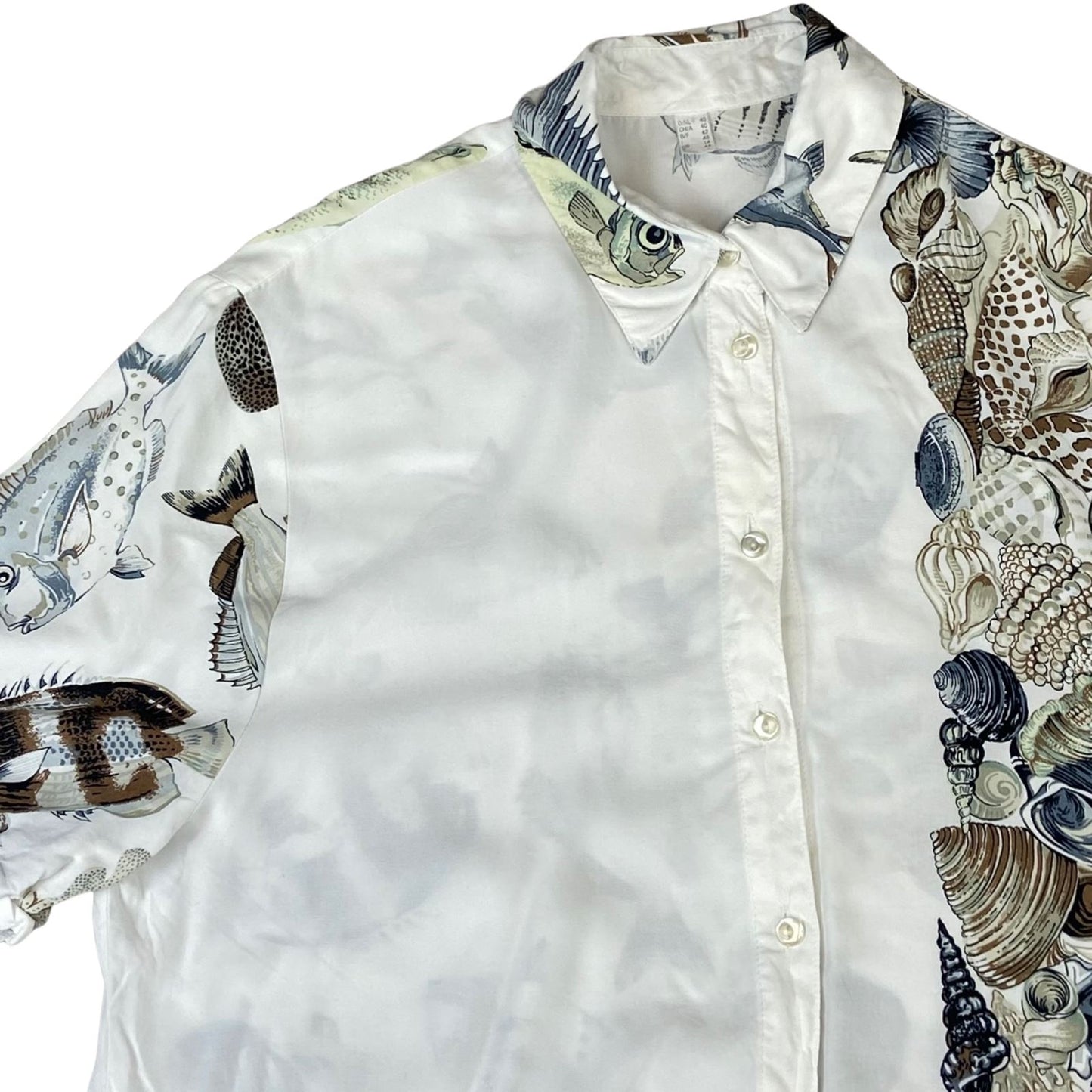 Vintage 80s 90s White Blue Brown Fish Shell Sea Novelty Men's Shirt M