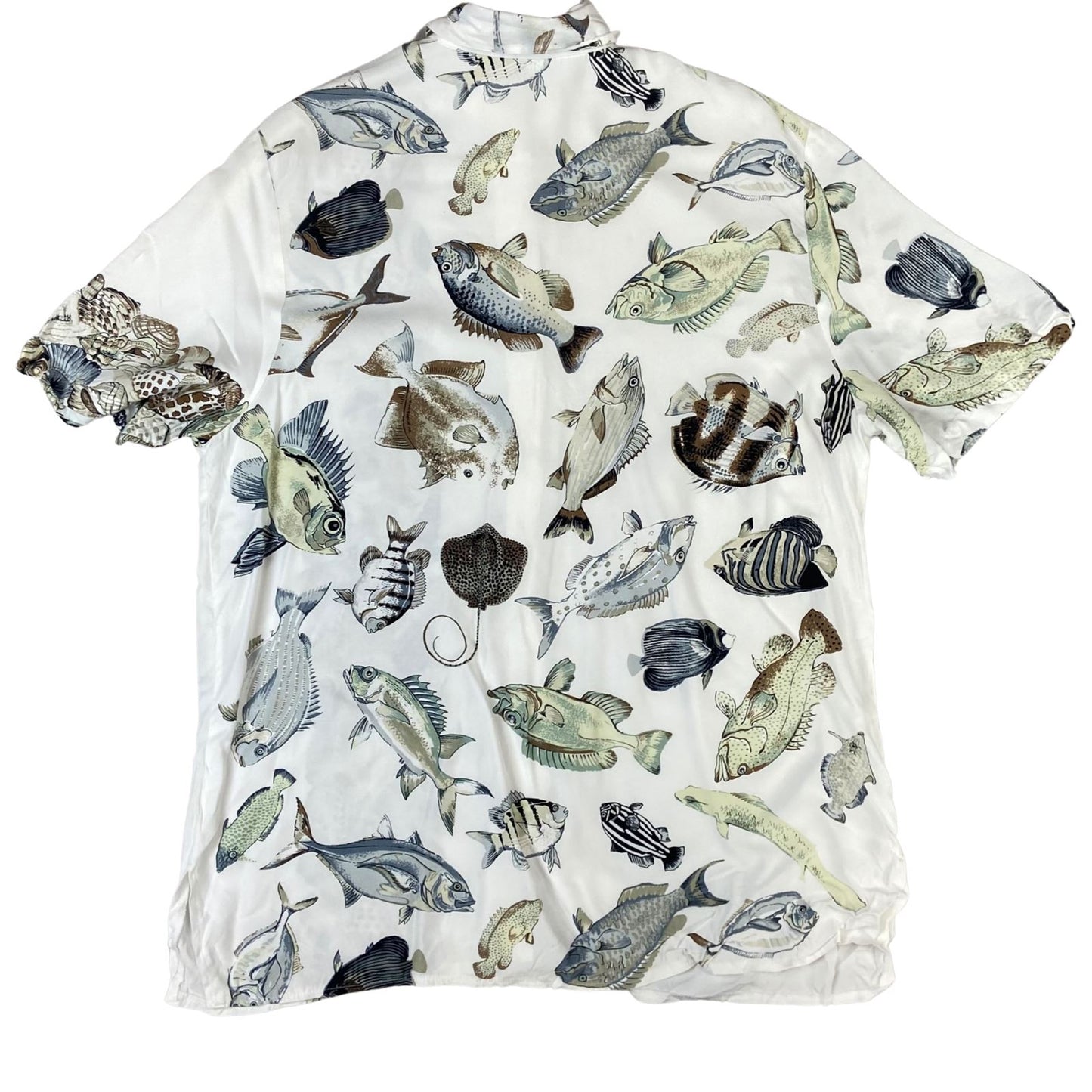 Vintage 80s 90s White Blue Brown Fish Shell Sea Novelty Men's Shirt M