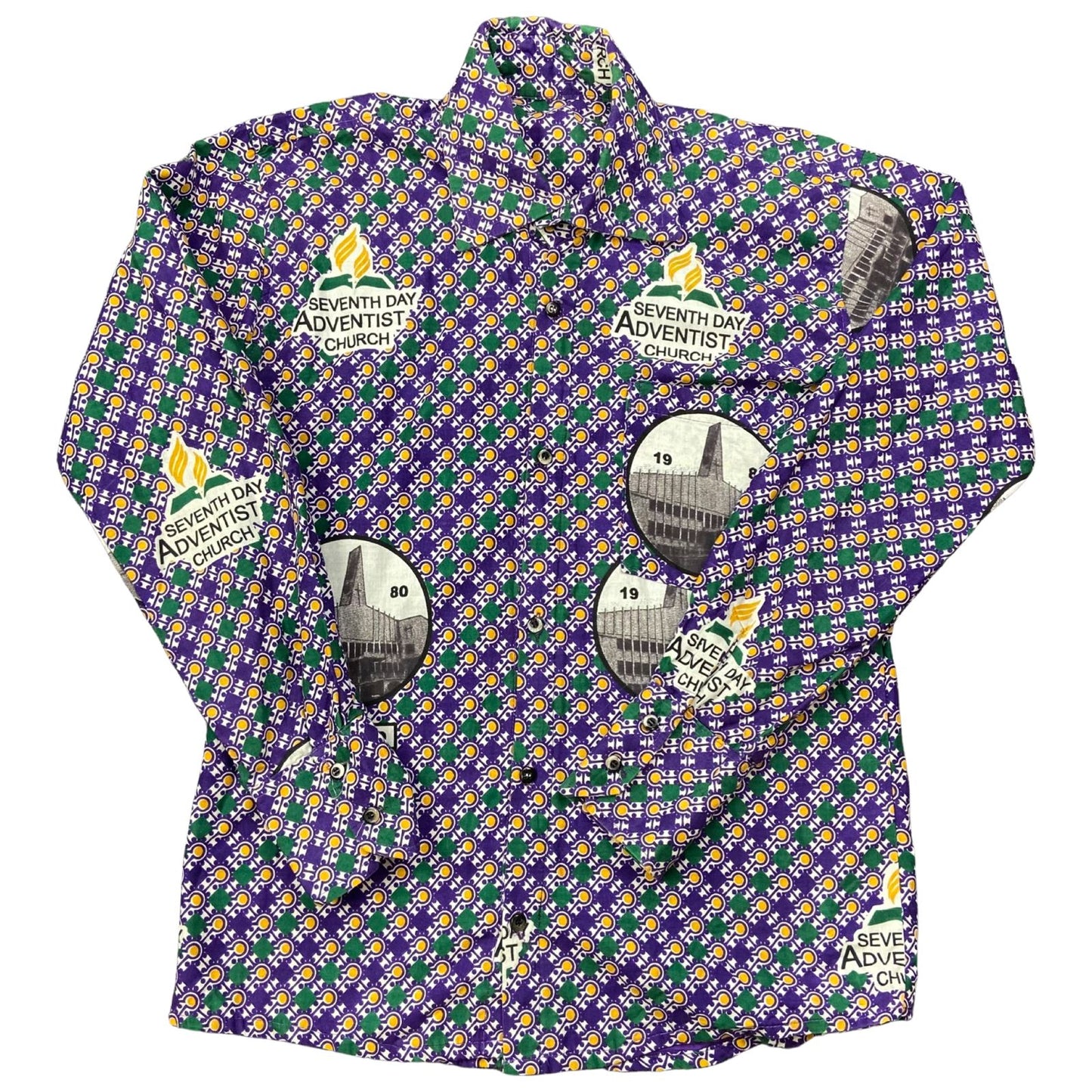 VTG 1980 CRAZY PATTERN 7th DAY ADVENTIST CHURCH TAHO SHIRT GHANA 40” (36)