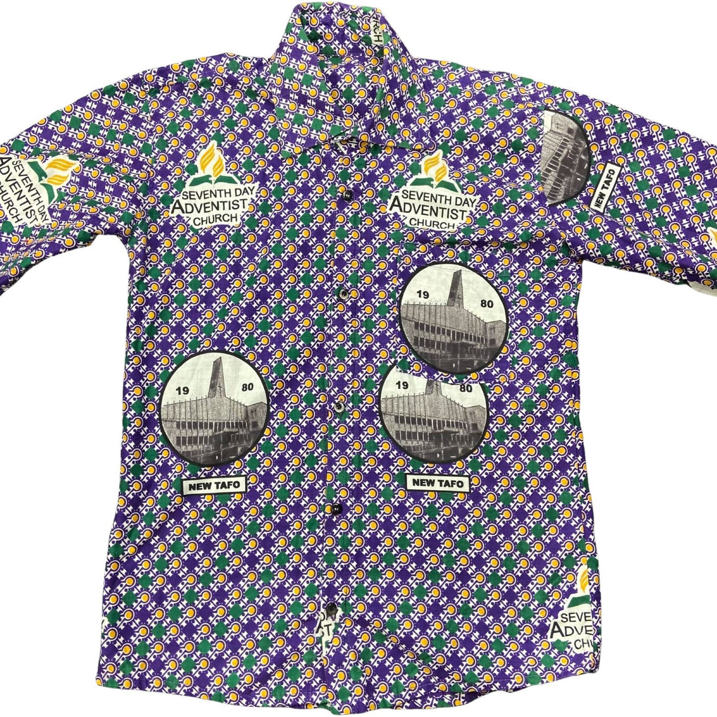 VTG 1980 CRAZY PATTERN 7th DAY ADVENTIST CHURCH TAHO SHIRT GHANA 40” (36)