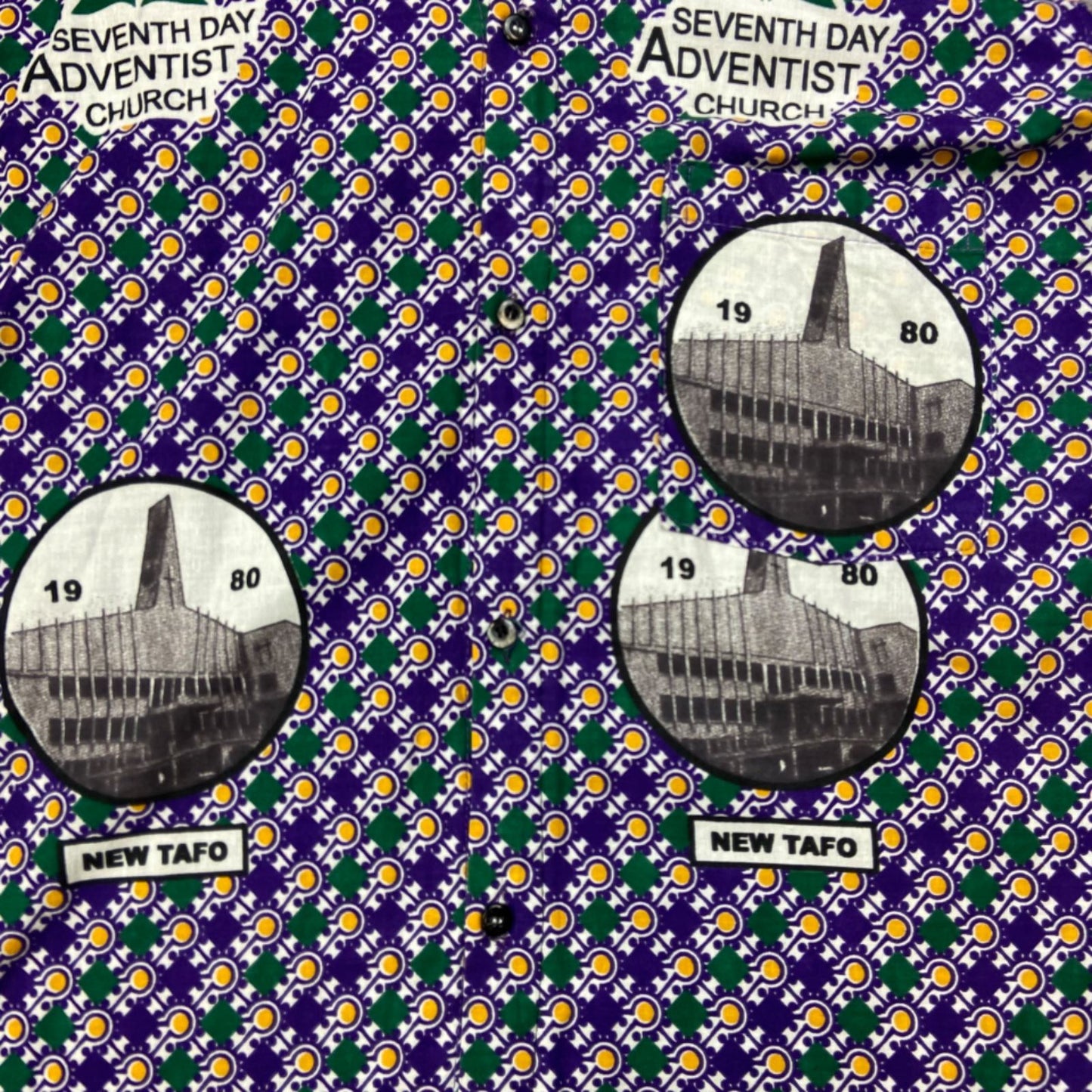 VTG 1980 CRAZY PATTERN 7th DAY ADVENTIST CHURCH TAHO SHIRT GHANA 40” (36)