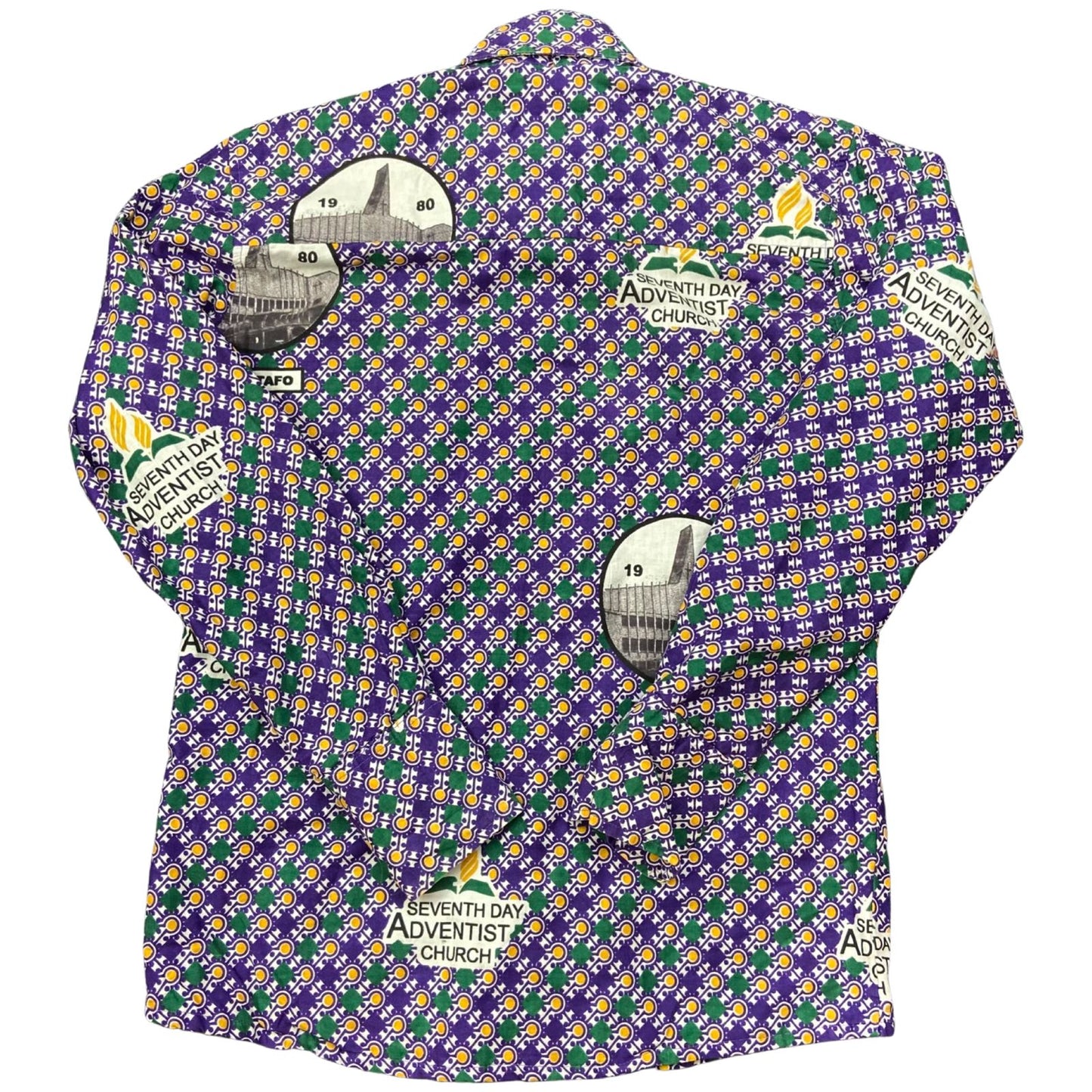 VTG 1980 CRAZY PATTERN 7th DAY ADVENTIST CHURCH TAHO SHIRT GHANA 40” (36)