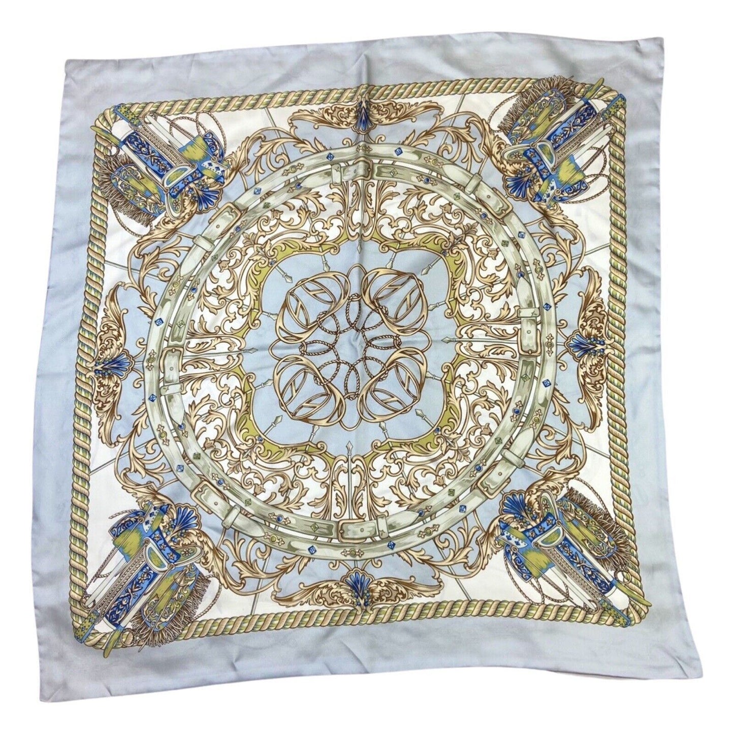 Vintage 80s 90s Cream Grey Filigree Jewelled Equestrian Double Sided Print Scarf