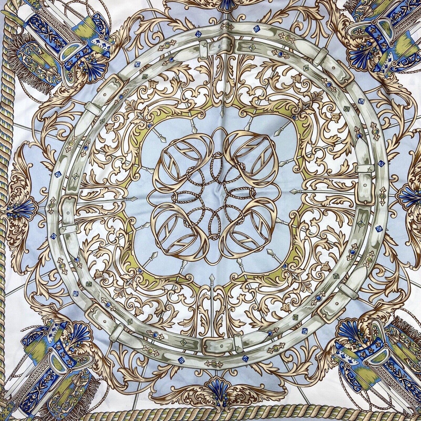 Vintage 80s 90s Cream Grey Filigree Jewelled Equestrian Double Sided Print Scarf