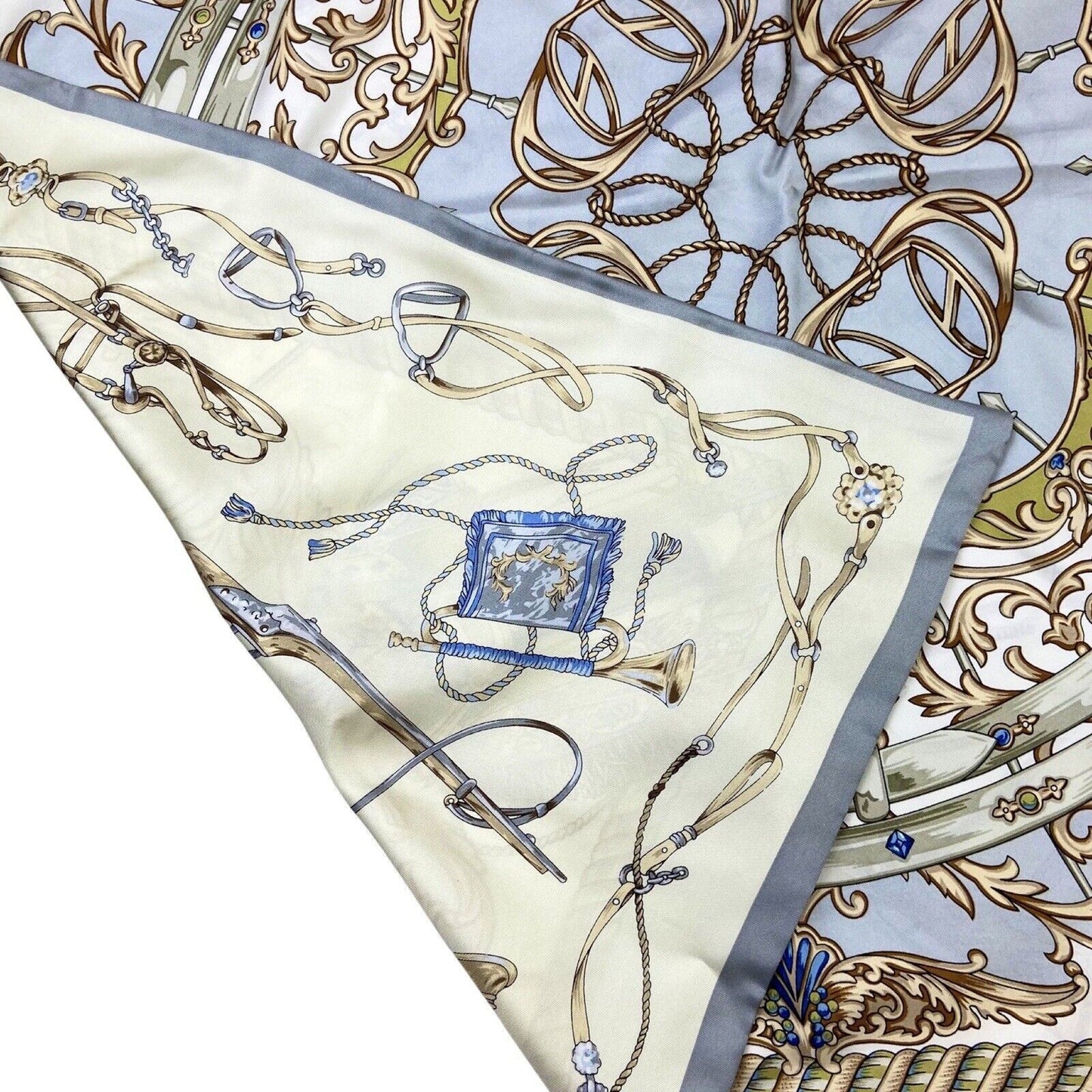 Vintage 80s 90s Cream Grey Filigree Jewelled Equestrian Double Sided Print Scarf