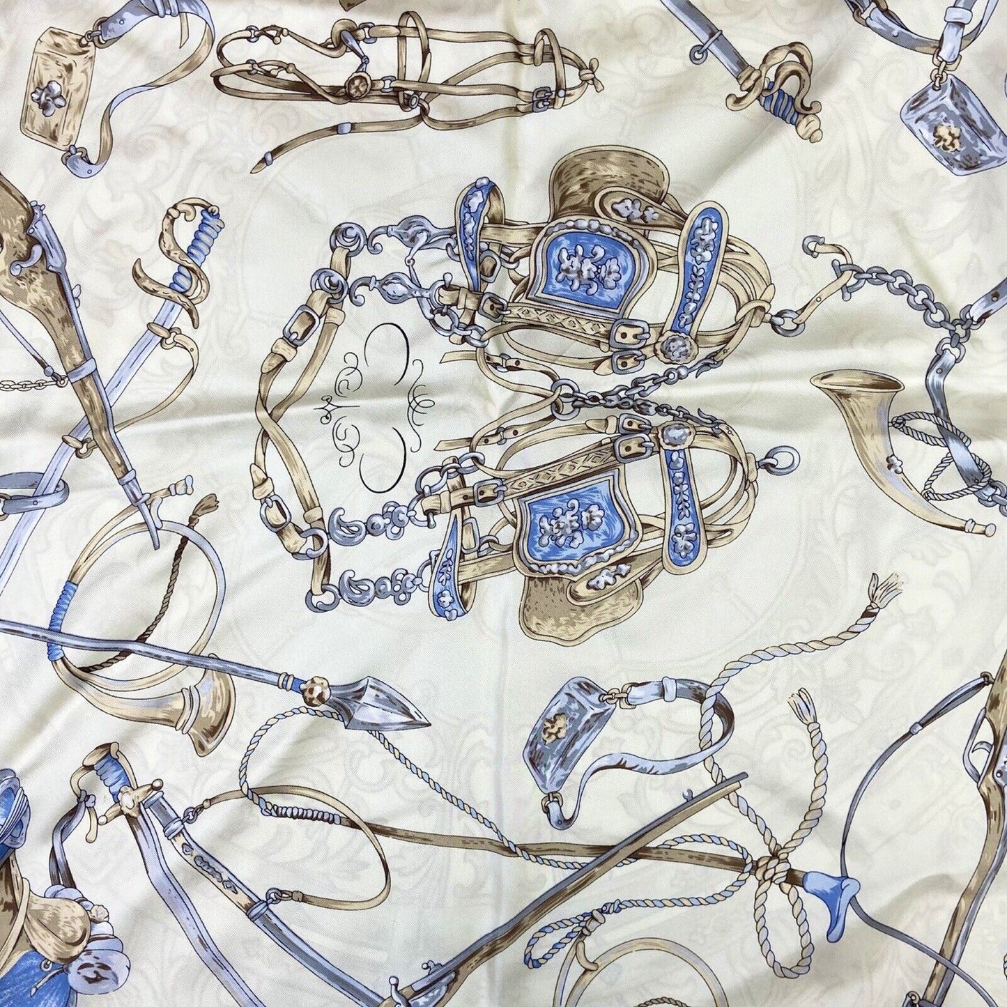 Vintage 80s 90s Cream Grey Filigree Jewelled Equestrian Double Sided Print Scarf