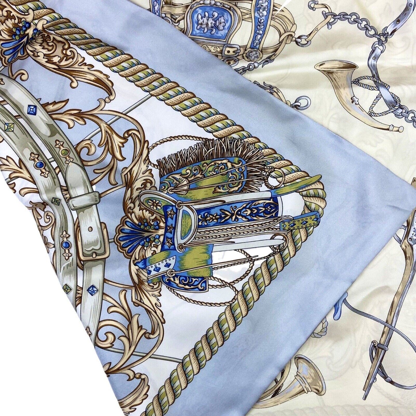 Vintage 80s 90s Cream Grey Filigree Jewelled Equestrian Double Sided Print Scarf